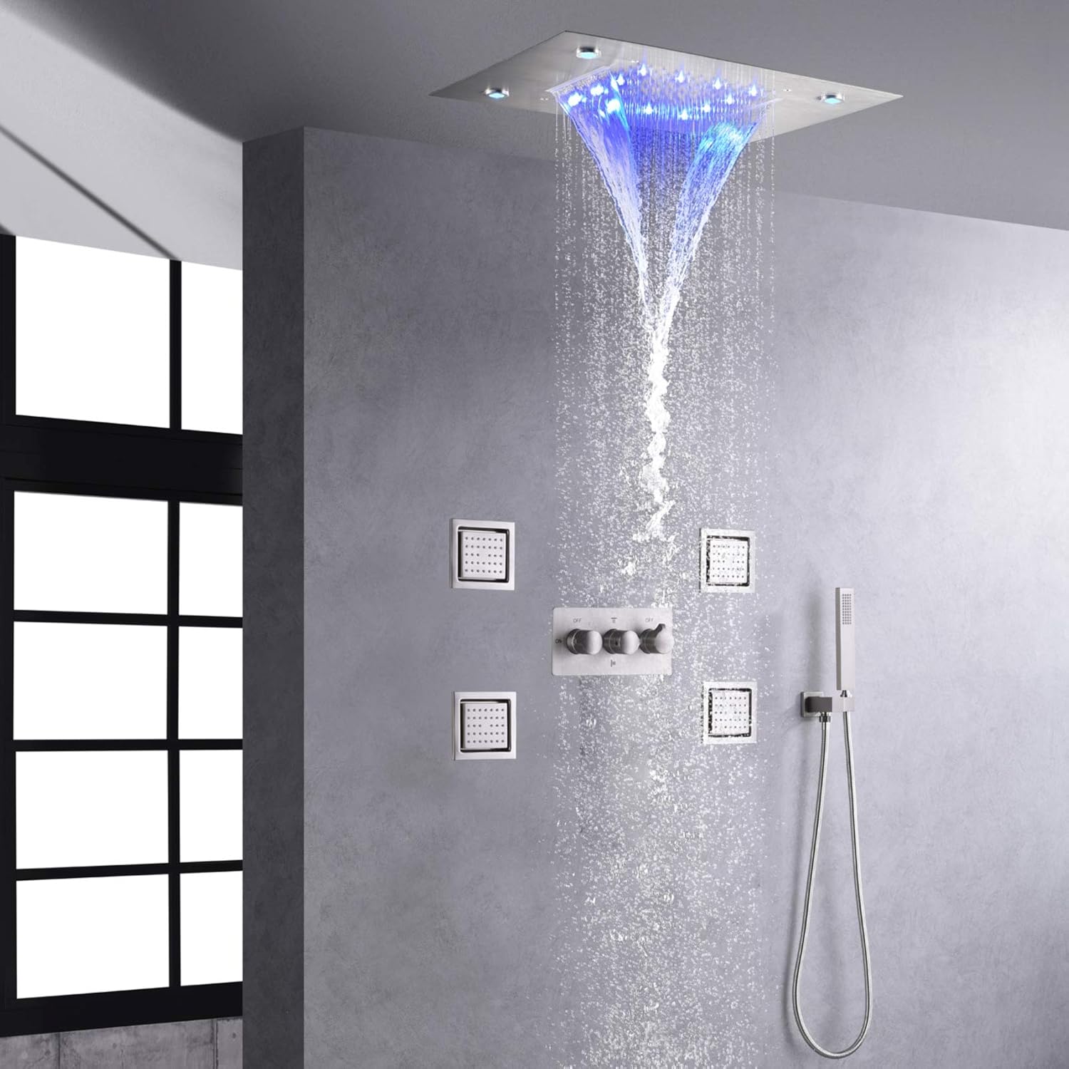 Black Friday - 80% OFF DULABRAHE Waterfall LED Rain Shower Head With Handheld Spray Ceiling 14 X 20 inch Rainfall Shower System Set Combo Shower Body Jets For Bathroom Brushed Nickel