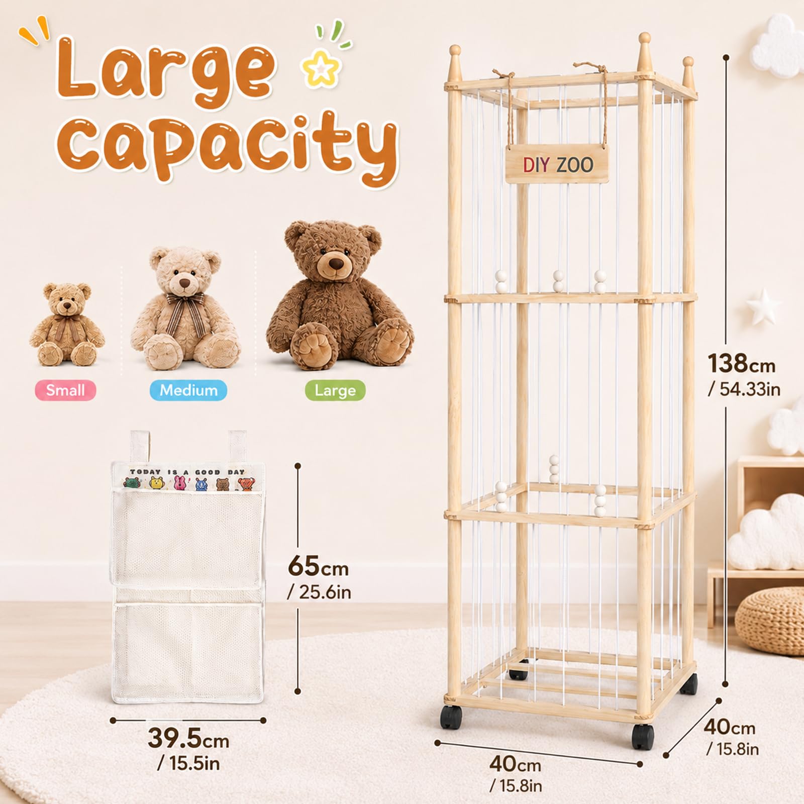 Porta Peluche in Legno Massello, Portapeluche con Ruote Frenate a 360°,138 * 40 * 40cm, Conserva e Protegge i Peluche, per le Camere dei Bambini, le Sale Giochi, i Soggiorni Con borsa portaoggetti