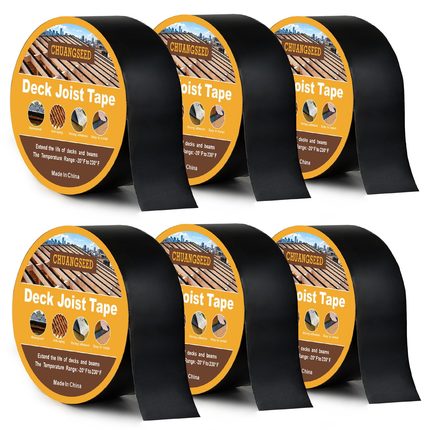 CHUANGSEED 6 rollos de cinta negra para vigas de cubierta, 50 mm x 15,2 m, goma butílica, impermeable, anticorrosión, para vigas de madera, patio, pasarela, terraza, construcción, mantenimiento de