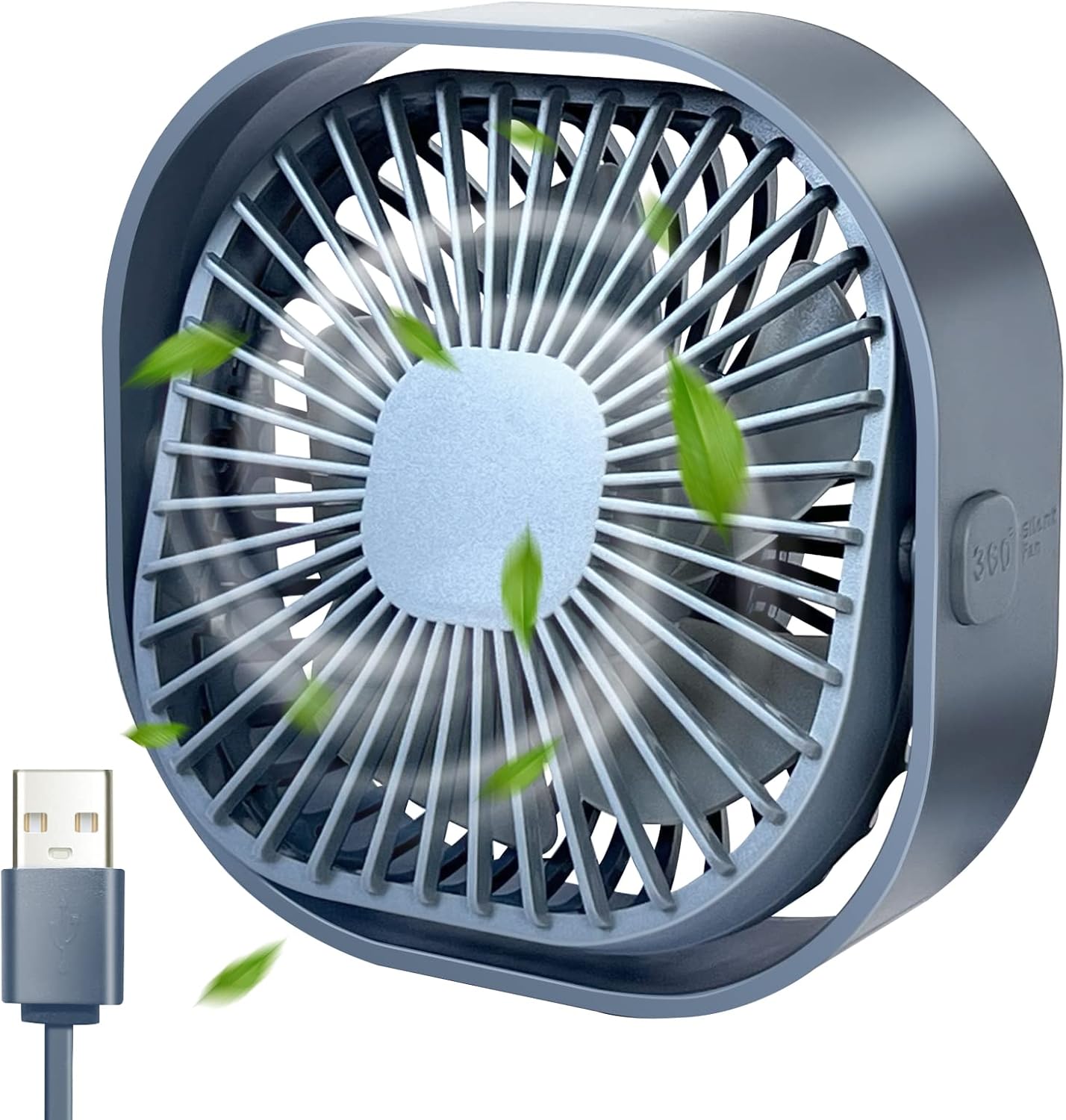 Small USB Desk Fan, 3 Speeds Silent Wind and 360° Rotatable