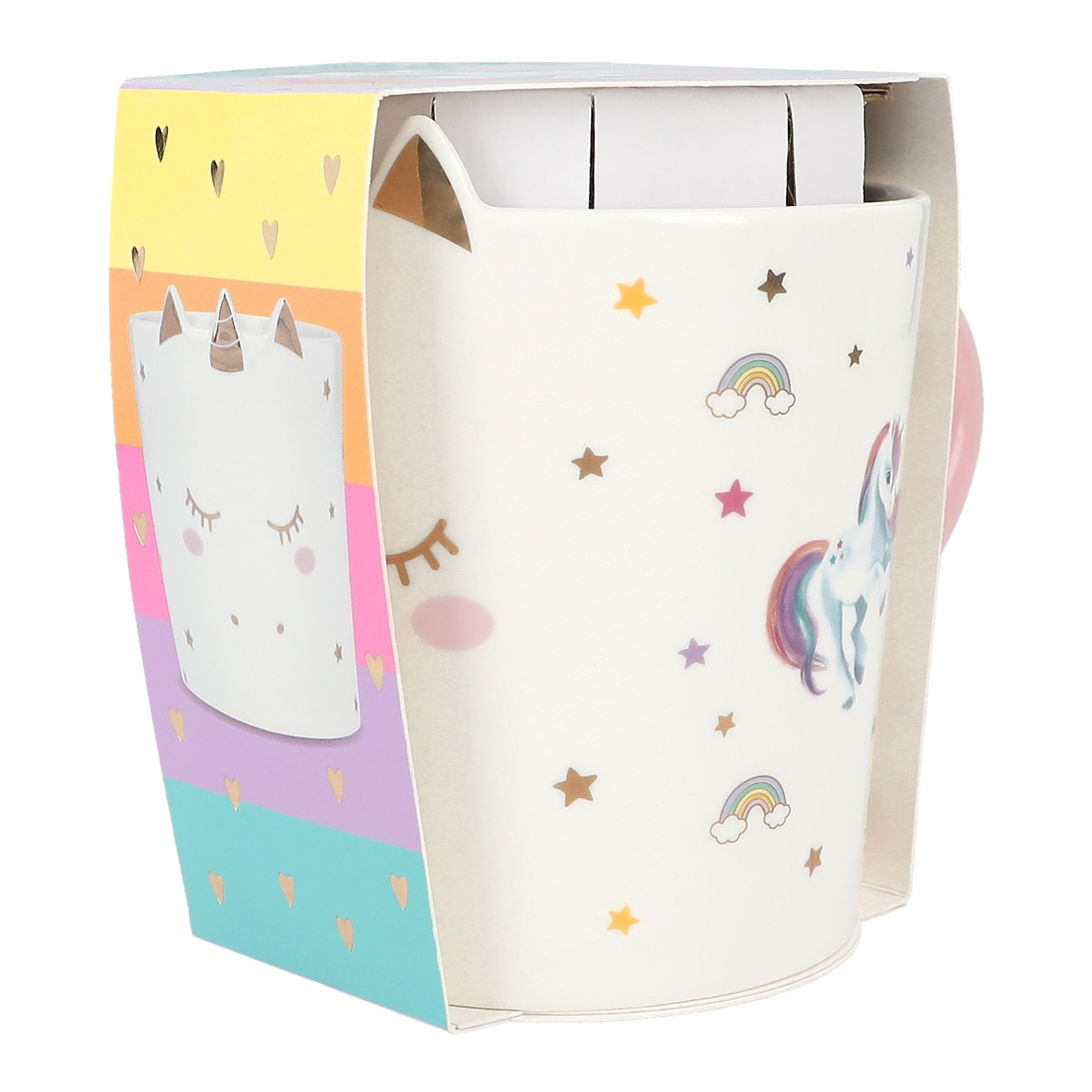 Depesche 13069 Ylvi Blanco con Estampado de Unicornio Dorado y refrán, Taza para Beber de Porcelana con asa Rosa, Capacidad Aprox. 300 ml, Multicolor, One Size