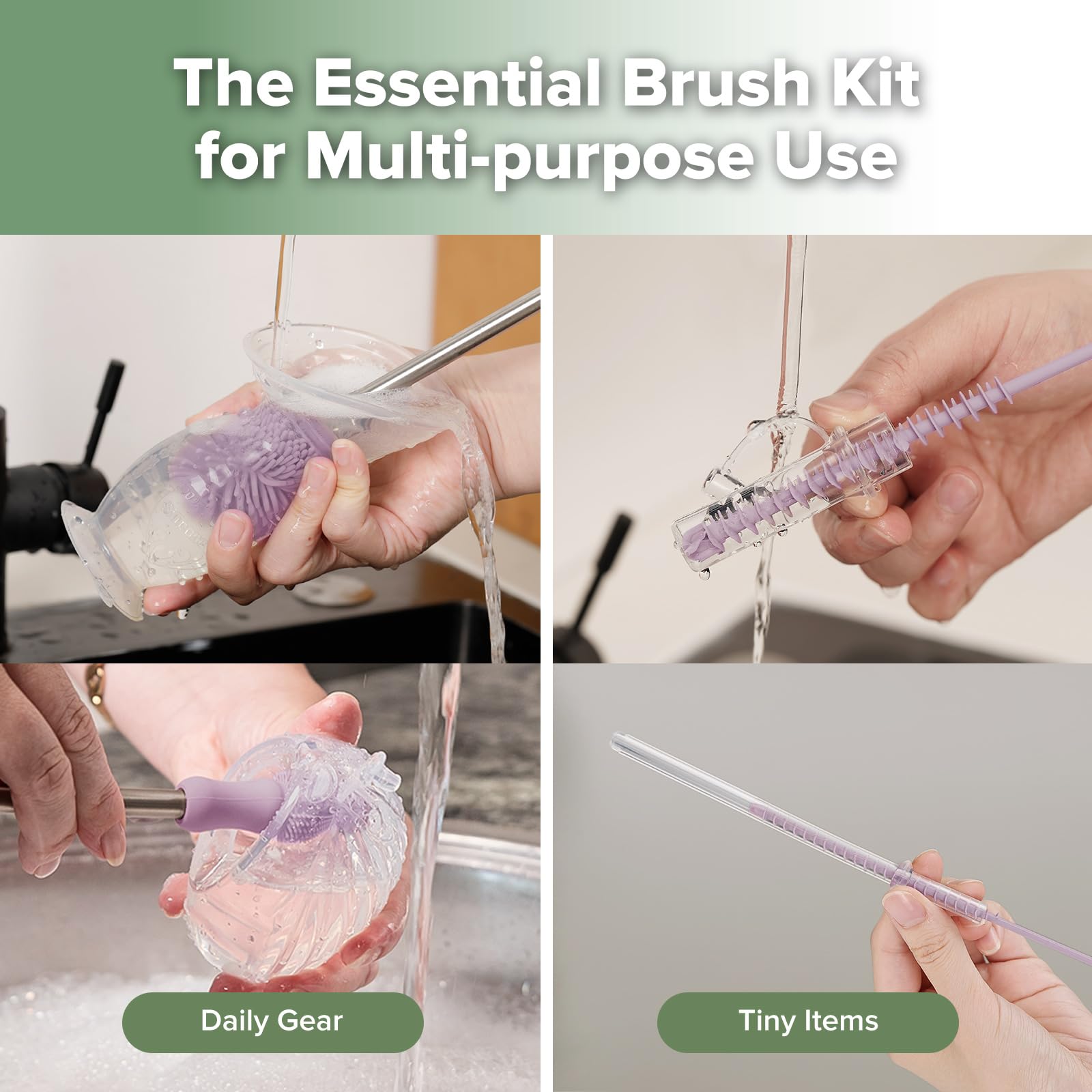 haakaa Silicone Multifunctional Cleaning Brush Kit (Lavender), Bottle Brush for Breast Pumps Breast Milk Collector - Image 2