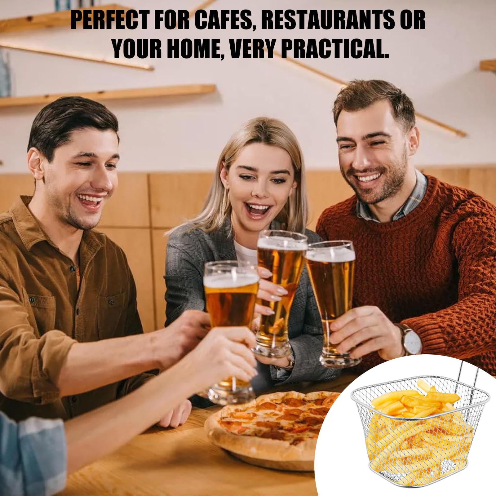 12 pezzi di cestini per patatine fritte, cestello per frittura argento per servire, piccolo cestino in acciaio inossidabile con manico, cestello da portata per patatine fritte, gamberetti, anelli di