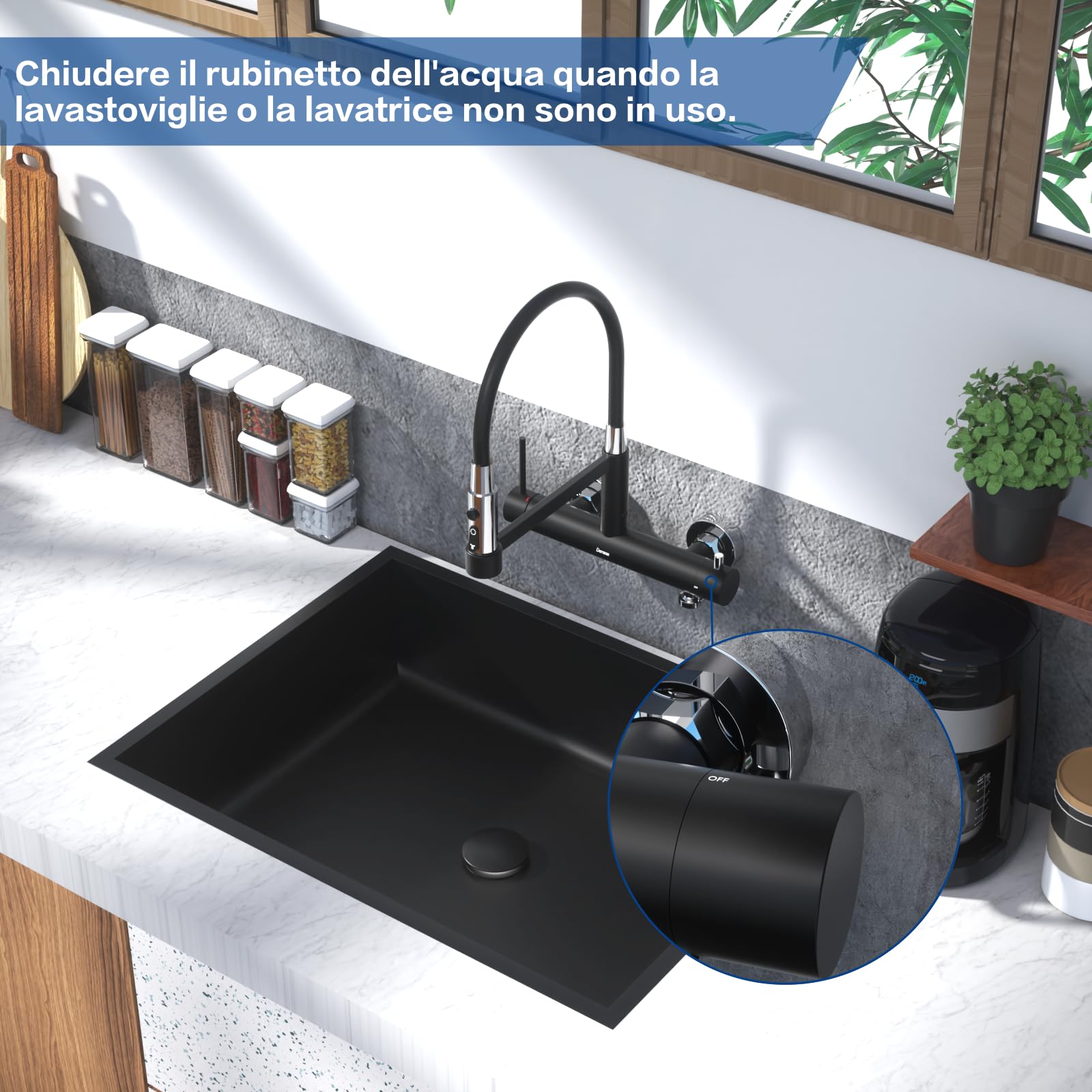Rubinetto da Cucina a Muro con Attacco 3/4, DETBOM Rubinetto Lavello Cucina Nero in Acciaio Inox Girevole a 360°, Miscelatore Cucina Flessibile con 3 Tipi di Getto, Altezza Totale 385 mm, Nero