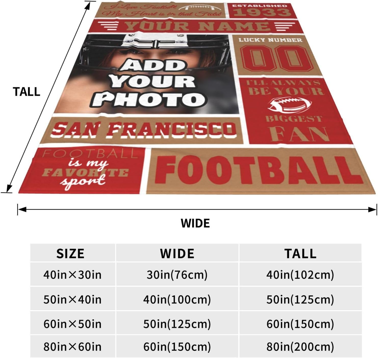 Personalized San Francisco Blanket, Custom Blanket with Picture, Customized Any Name and Number Blankets, Football Blanket Gifts for Men Women Youth Fans Decor - Image 2