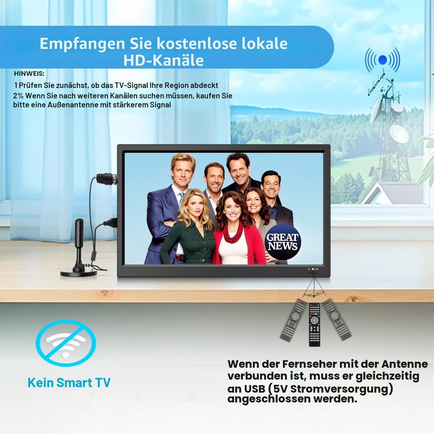 KCR Tragbarer Digitalfernseher, 12 V DVB-T2 TV, HDMI/AV/USB-Eingänge, Fernbedienung, 12 V Kfz-Ladegerät, kompatibel, 39,6 cm (15,6 Zoll), Schwarz