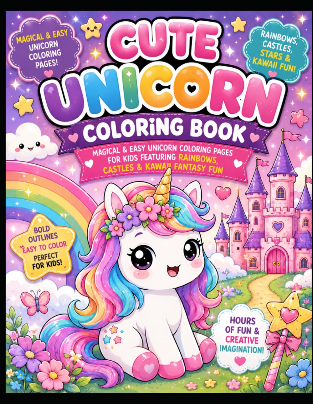 Cute Unicorn Coloring Book: Magical & Easy Unicorn Coloring Pages for Kids Featuring Rainbows, Castles & Kawaii Fantasy Fun: Magical & Easy Unicorn ... Rainbows, Castles & Kawaii Fantasy Fun