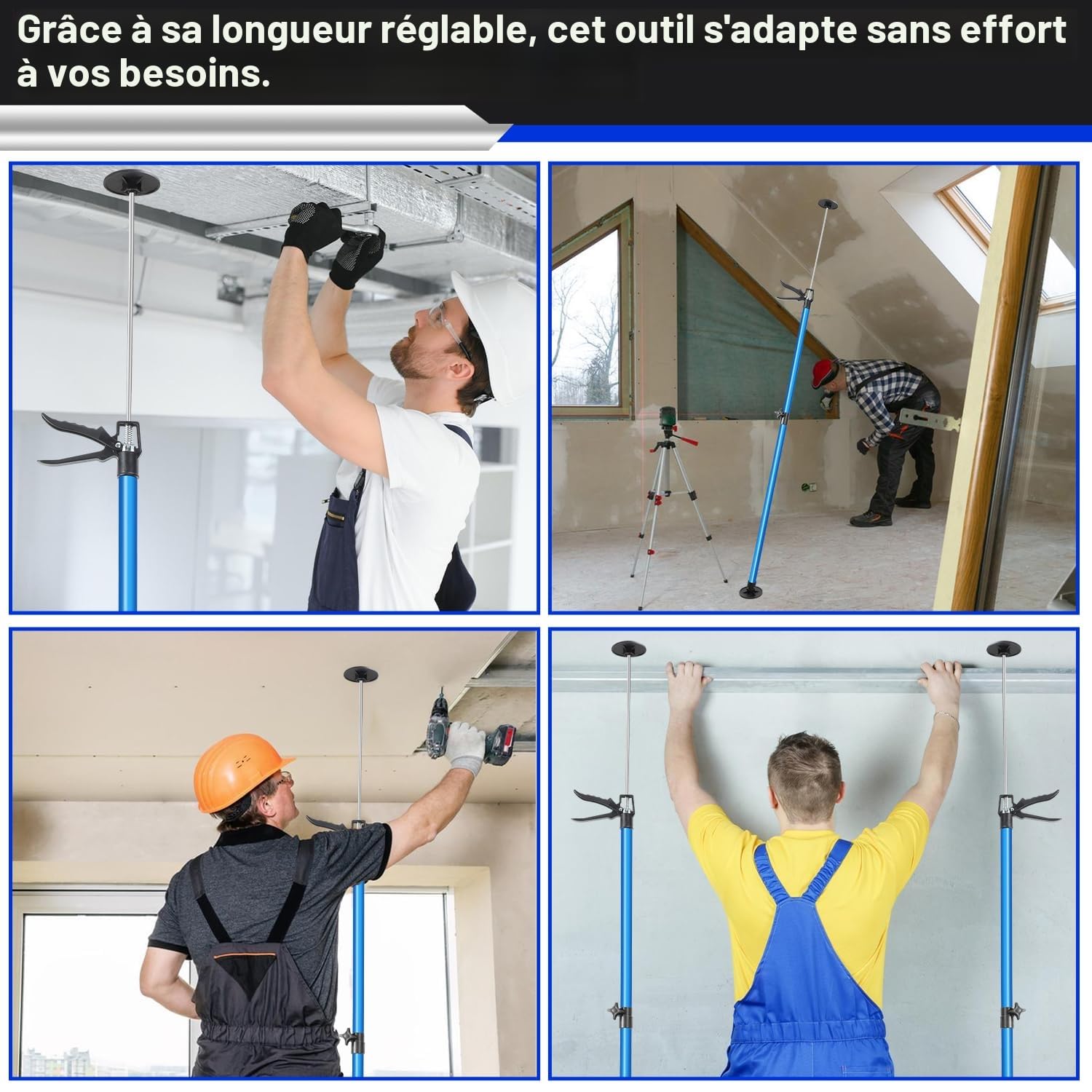 Lot de 2 étais de plafond - Étai de montage jusqu'à 50 kg de capacité de charge - Étais télescopiques jusqu'à 45° - Étai de montage 115-290 cm - Étai à une main pour murs, plafonds, étais