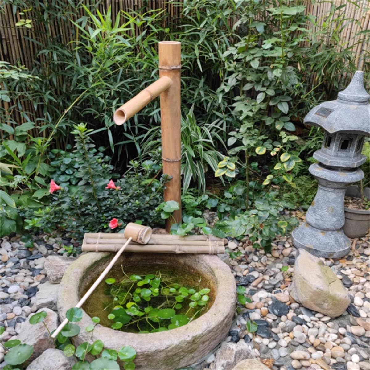 80Cm, Bambusowa Fontanna Solarna Z Pompą, Feng Shui Zen Fontanna Wodna Z Tratwą Bambusową I Chochlami Bambusowymi, Dekoracja Ogrodowa, Do Użytku Wewnątrz I Na Zewnątrz Na(50cm)
