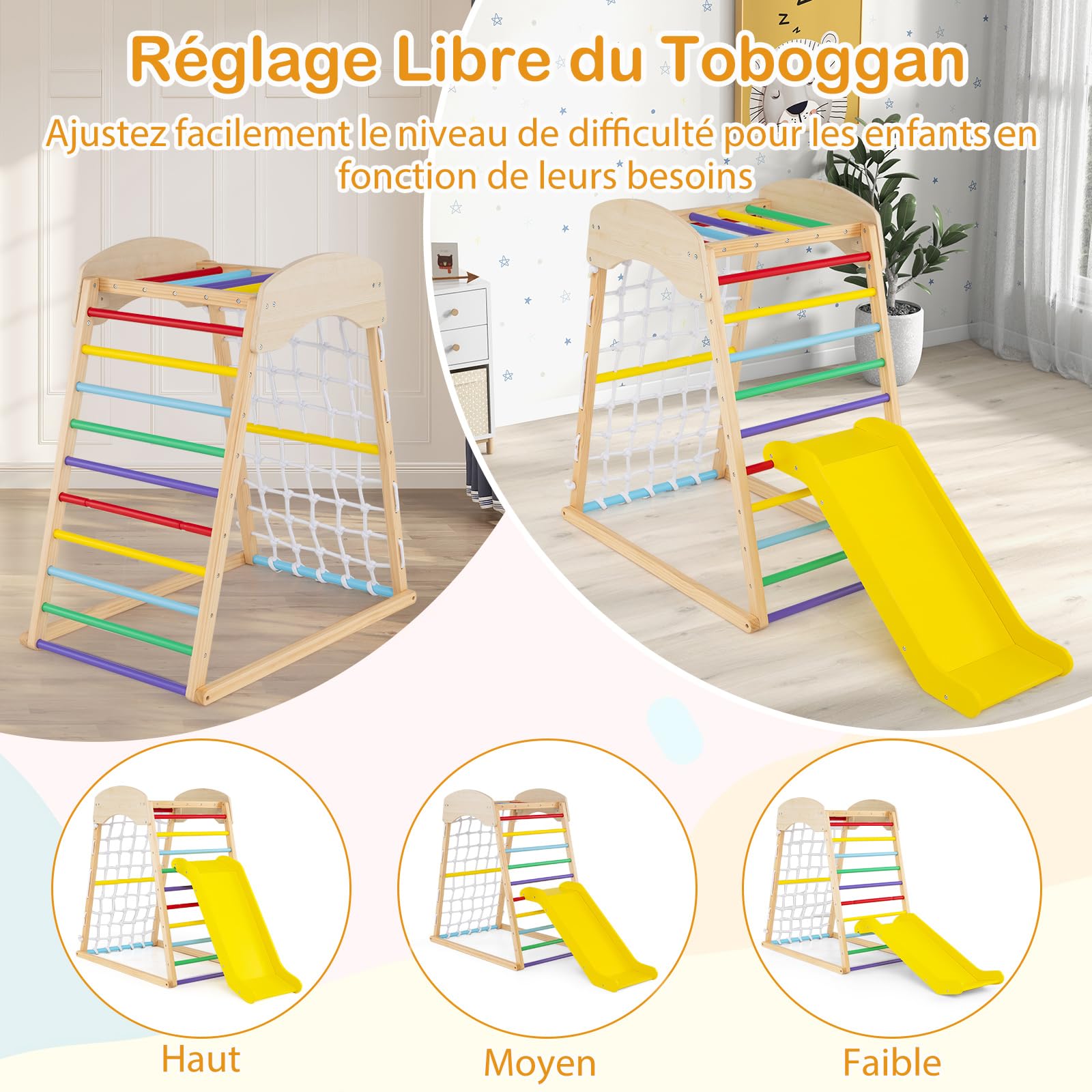 COSTWAY 4 en 1 Triangle d'escalade Montessori en Bois Enfants avec Toboggan, Aire de Jeu d’Escalade Intérieur avec Filet & Échelle d'escalade Montessori, Charge 50kg pour Bébé de 1 an+