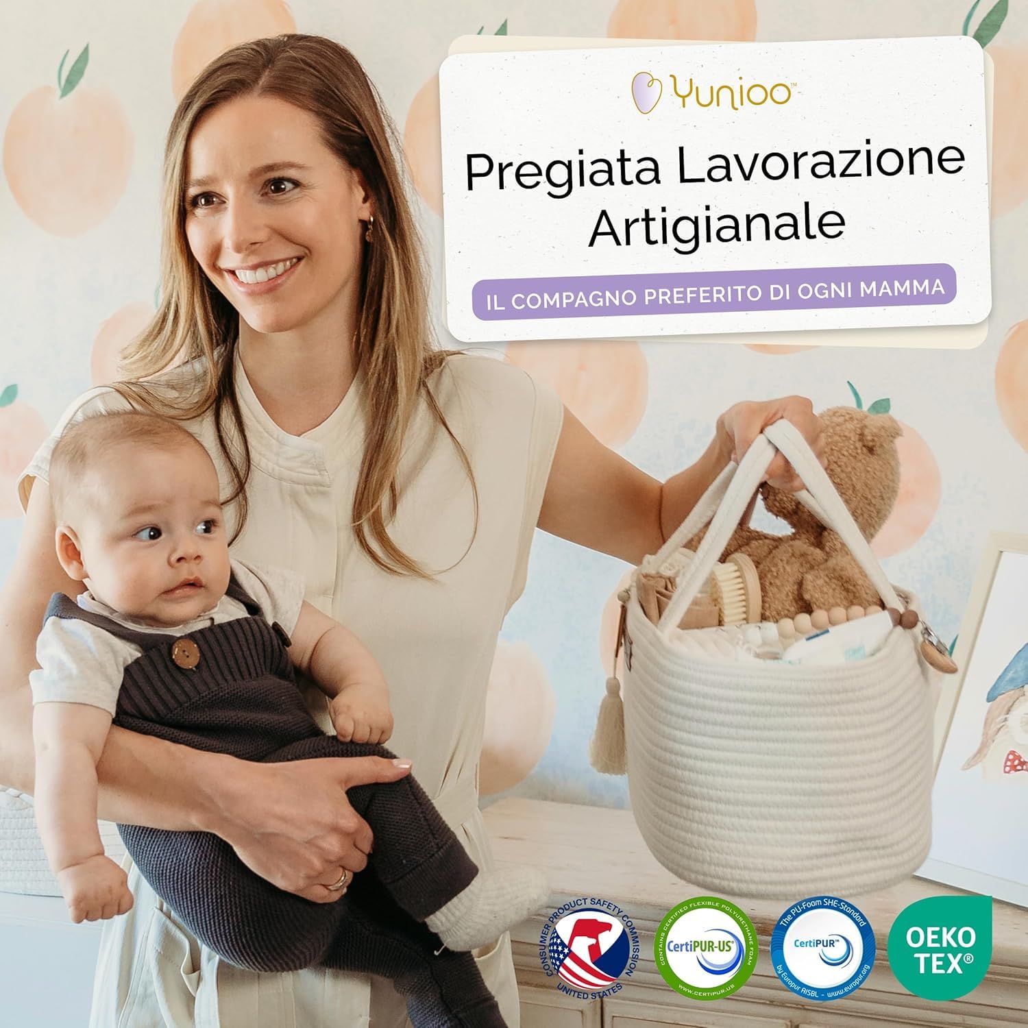 Yunioo Bundle Fasciatoio Neonato con Materassino Impermeabile + Organizer Cestino Porta Pannolini in Corda di Cotone – Set Fasciatoio Completo Regalo Nascita