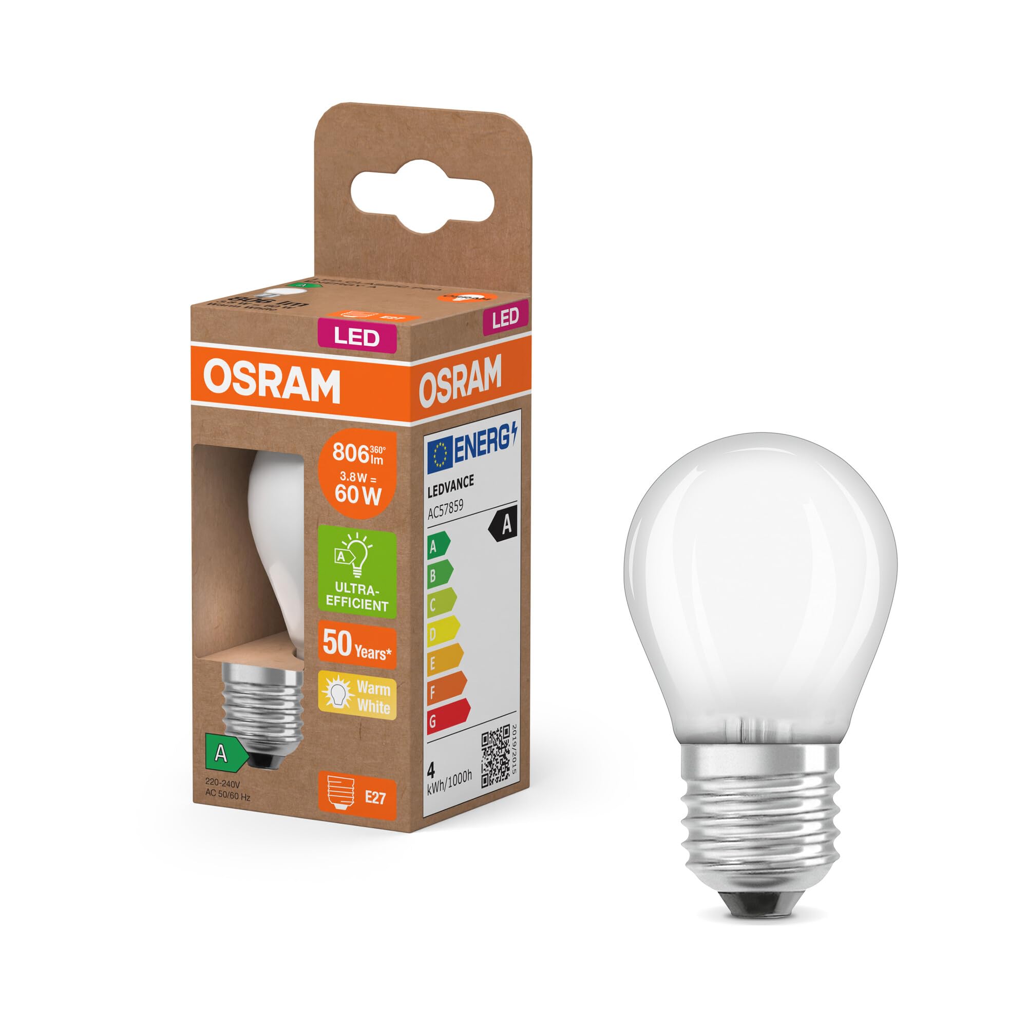 Osram Energy Class LED-Lampe in klassischer Miniballform, 3.8 W / 806 lm, EEK A, warmweißes Licht (2700 K), CRI 80, aus gefrostetem bleifreiem Glas, E27 Sockel, IP20, 45 mm Durchmesser.