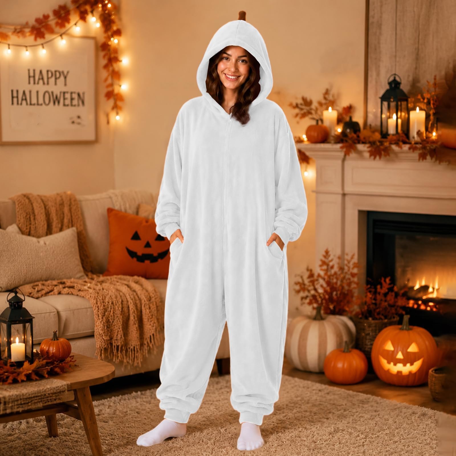 Pigiama Intera Halloween Donna, Costume Halloween Zucca con Cappuccio, Tuta Onesie Invernale Divertente, Pigiama Completo Adulto da Casa per Carnevale, Festa, Cosplay, Natale e Serate a Tema
