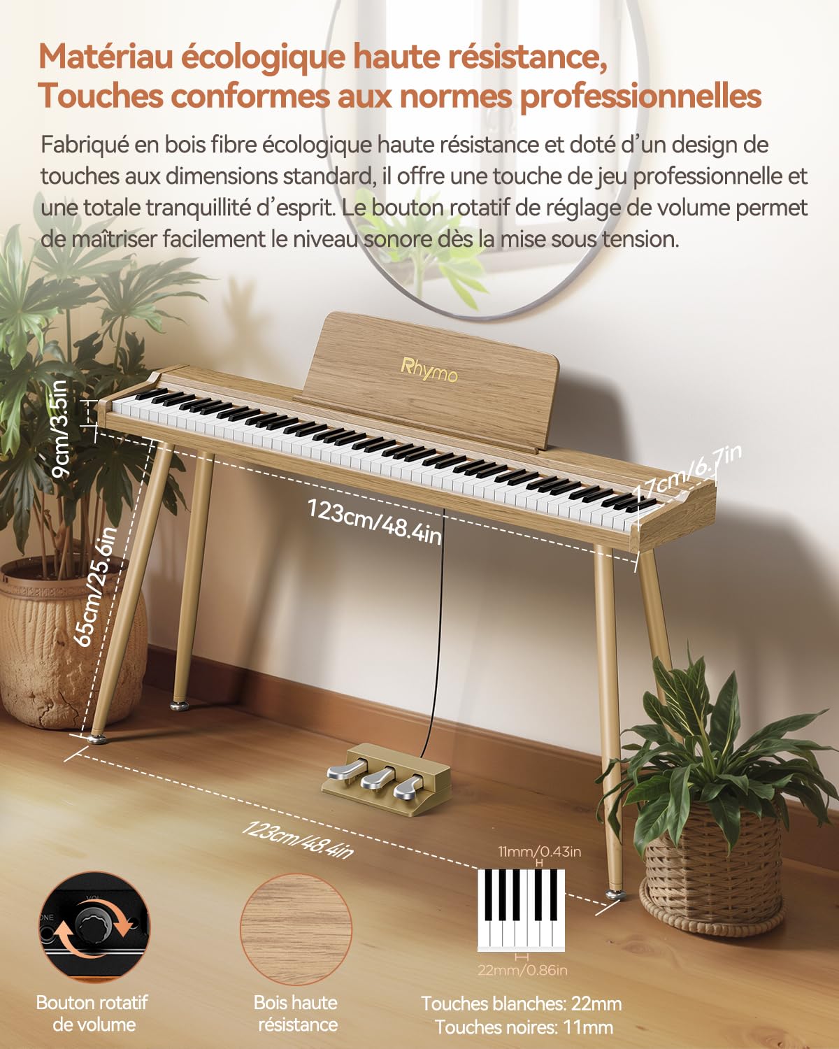 Rhymo Piano Numérique 88 Touches Semi-Lestées avec Support - Clavier Pleine Taille, Bluetooth Audio/MIDI, Mode Dual Player, Haut-parleurs 20W, Entrée Micro, Triple Pédale (couleur bois naturel)