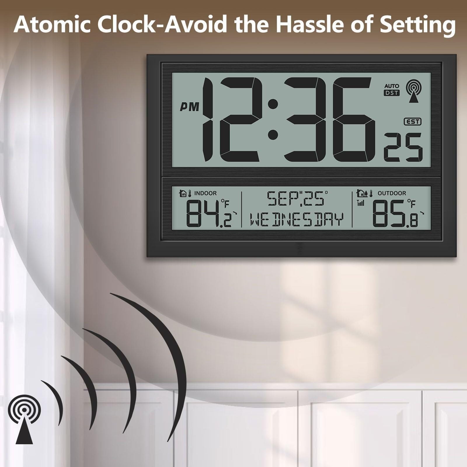FJJRTWDG Battery Powered Multifunctional Atomic Clock Wall Clock for Living Room and Bedroom, 4.5 Inches