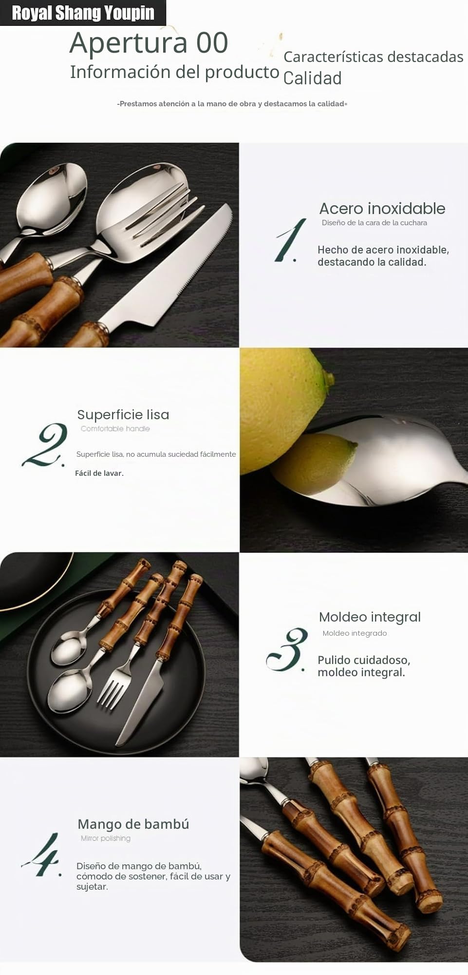 Destacados Mango De Bambú Genuino Cocina Cubiertos De Acero Inoxidable Vajilla Cubiertos Cubiertos Cuchillos Tenedores Cucharas Juego Cuchillo (Plata,20 piezas)