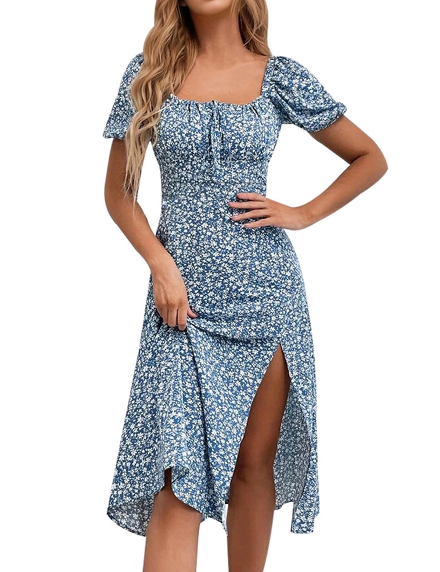 SPRIME Women's Floral Summer Casual Dress Square Neck Puff Sleeve Boho Midi Dresses Ruched Bust High Waist Split Long Dress