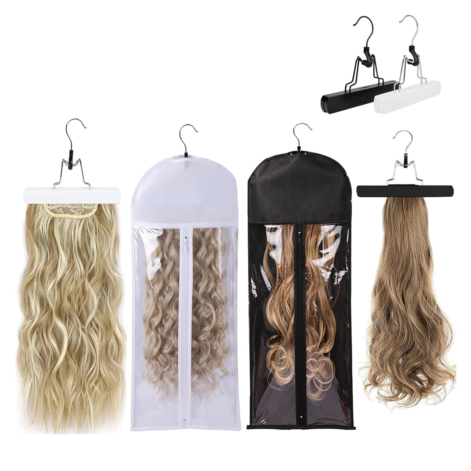 2 Pack Hair Extensions Hanger with Storage Bag, Wooden Hairpieces Storage Holder & Zip Up Closure, Portable Dustproof Hair Extension Holder Stand Hanging Protector Pouch