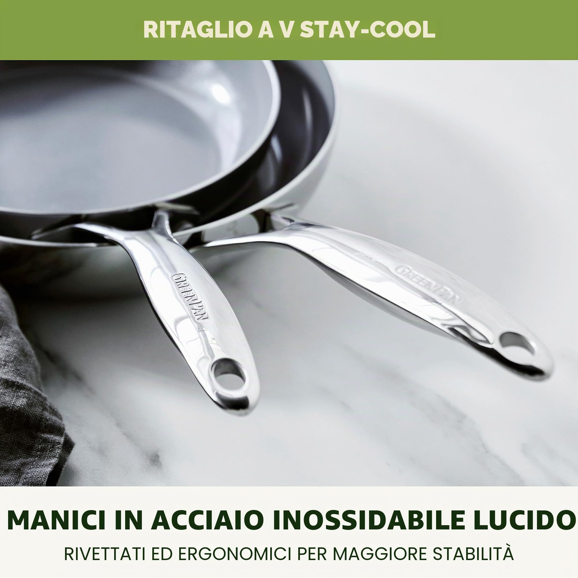 Greenpan Valencia Pro - Set di padelle in acciaio inox a tre strati da 20,3 cm e 25,4 cm, rivestimento in ceramica sana antiaderente senza PFA, senza PFOA, pentole multirivestite, induzione,