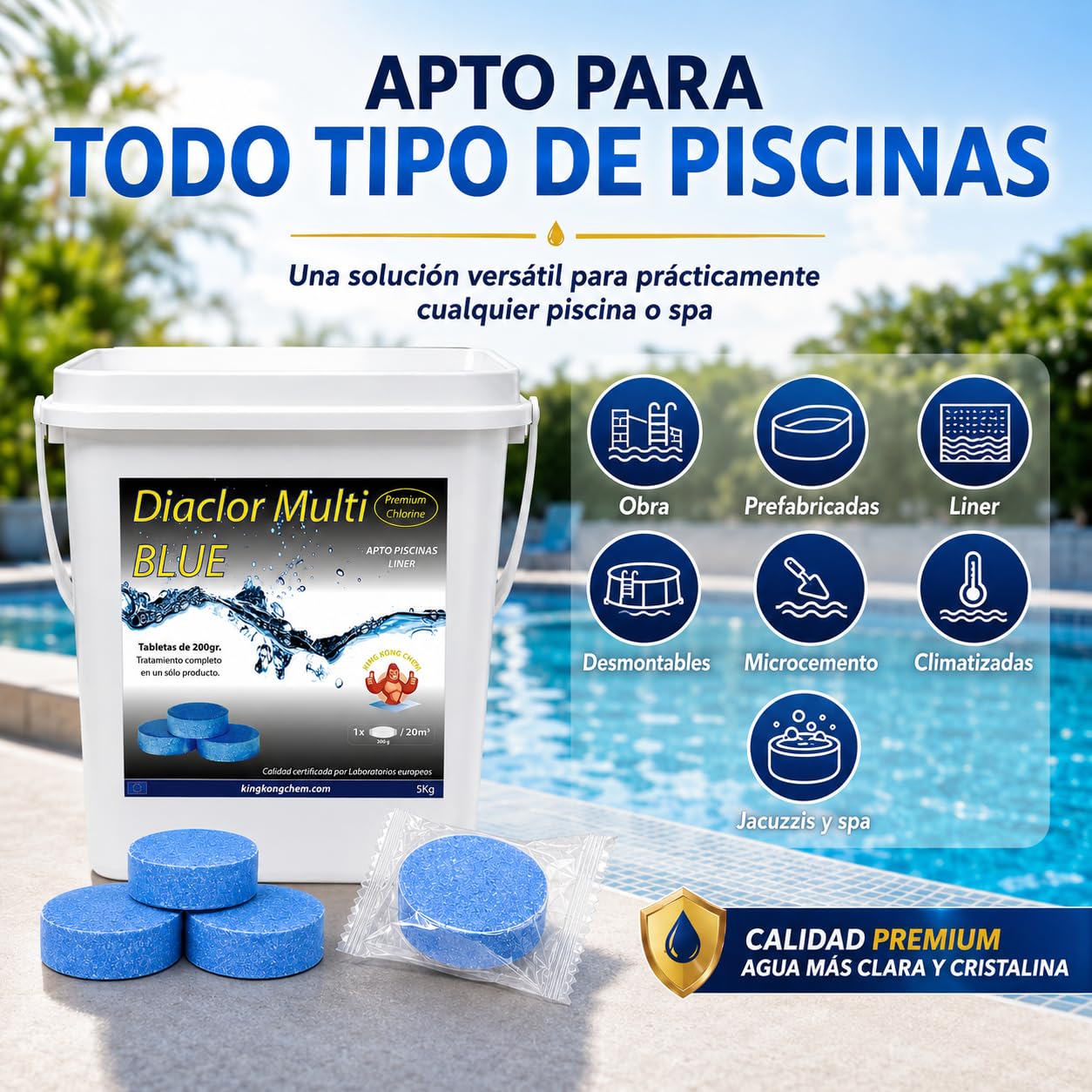 Pastillas de Cloro DIACLOR Multi Blue 200 gr 5 KG Extra clarificante - Envasado Individual - 25 Pastillas de Cloro Multiacción (Pastilla 200 gr - Diámetro 7,5 cm) – SIN Cobre