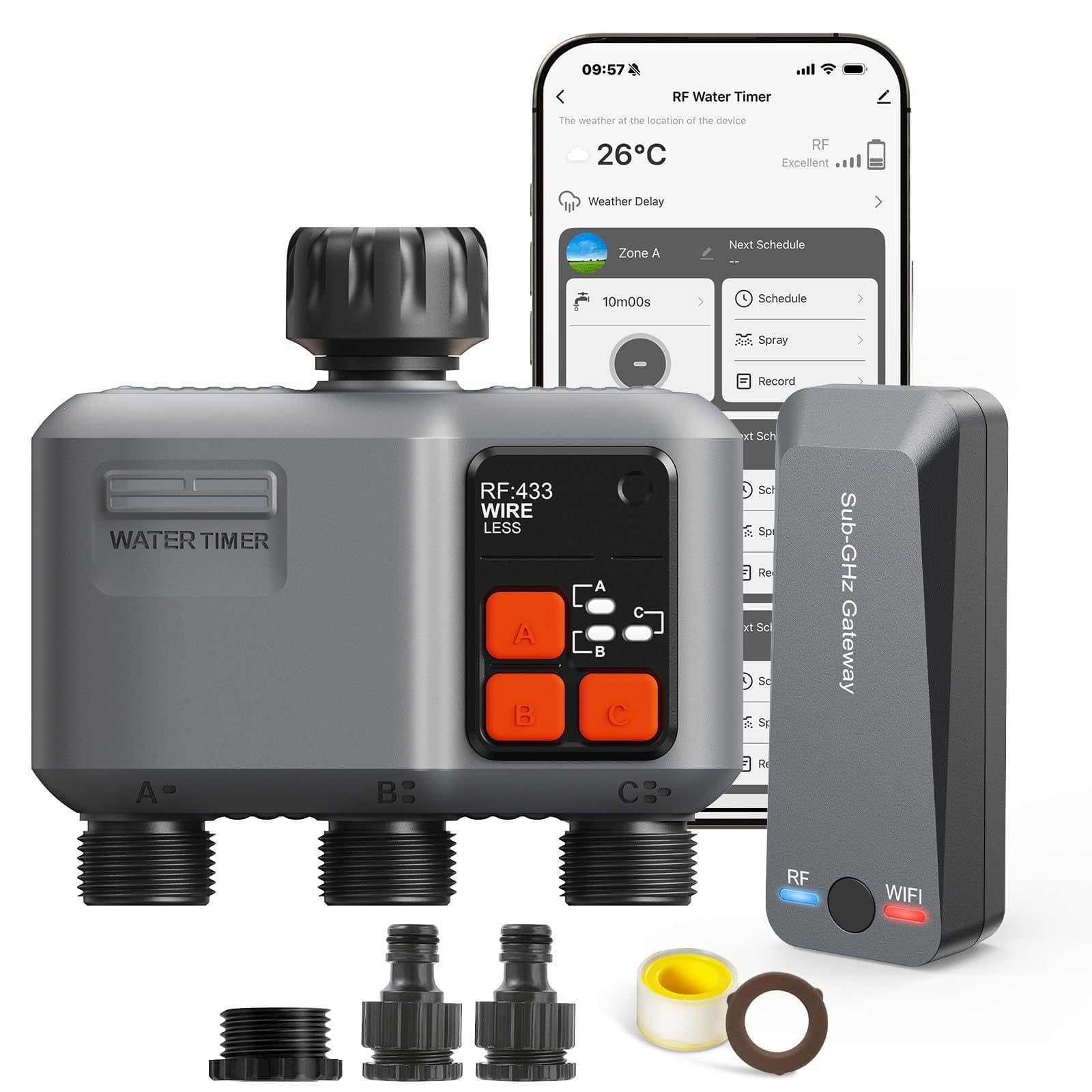 johgee Bewässerungscomputer WLAN 3 Ausgänge mit 300M RF-Technologie, Bewässerungsuhr für Gartenbewässerung Kompatibel mit Alexa & Smart Life App, Automatischem Bewässerungssystem für Garten Rasen