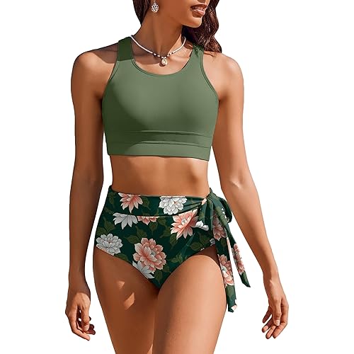 AI'MAGE Womens High Waisted Bikini Set Tummy Control 2 Piece Bathing Suit Modest Racerback Swimsuit 2025 with Tie Side Knot