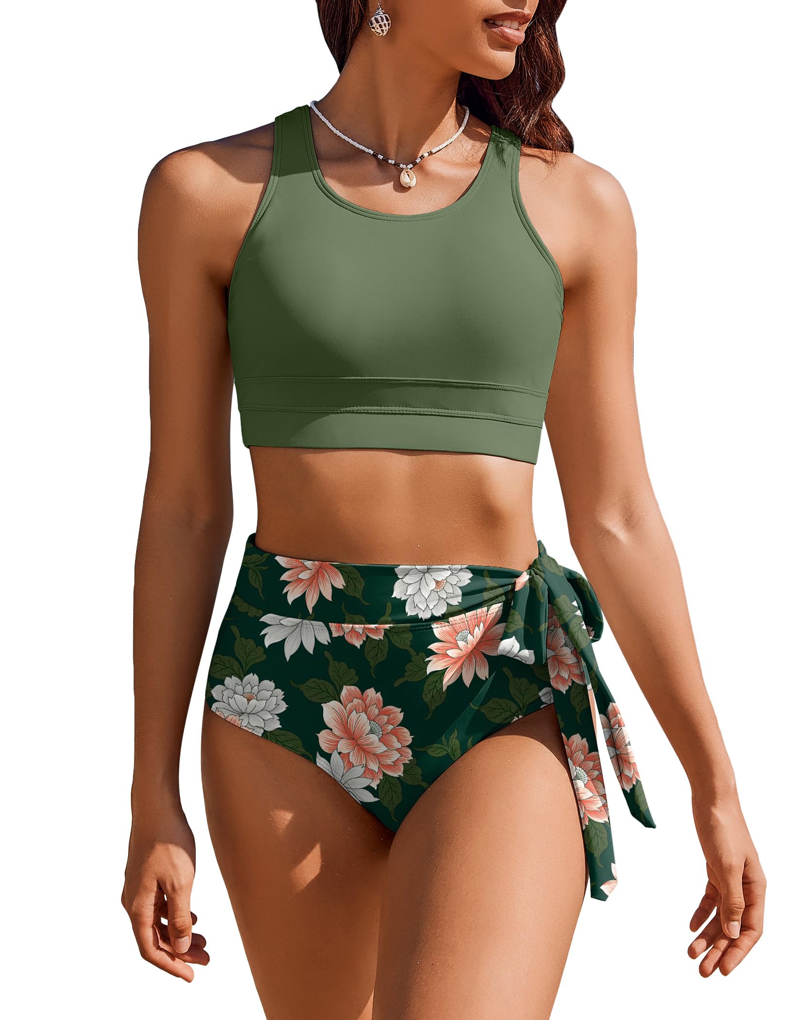 AI'MAGE Womens High Waisted Bikini Set Tummy Control 2 Piece Bathing Suit Modest Racerback Swimsuit 2024 with Tie Side Knot