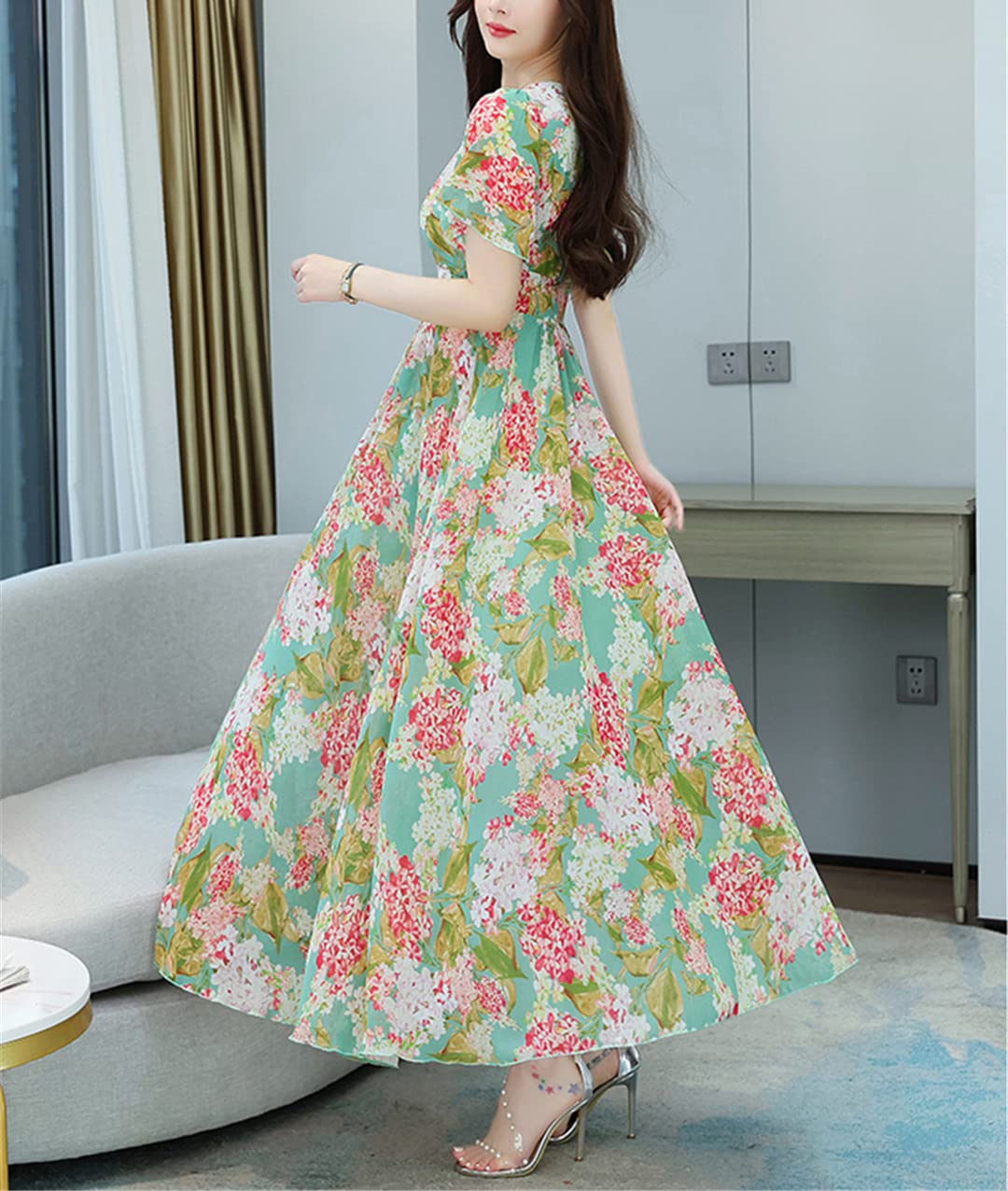 Abito estivo da donna, lungo, in chiffon, floreale, con scollo a V, per feste