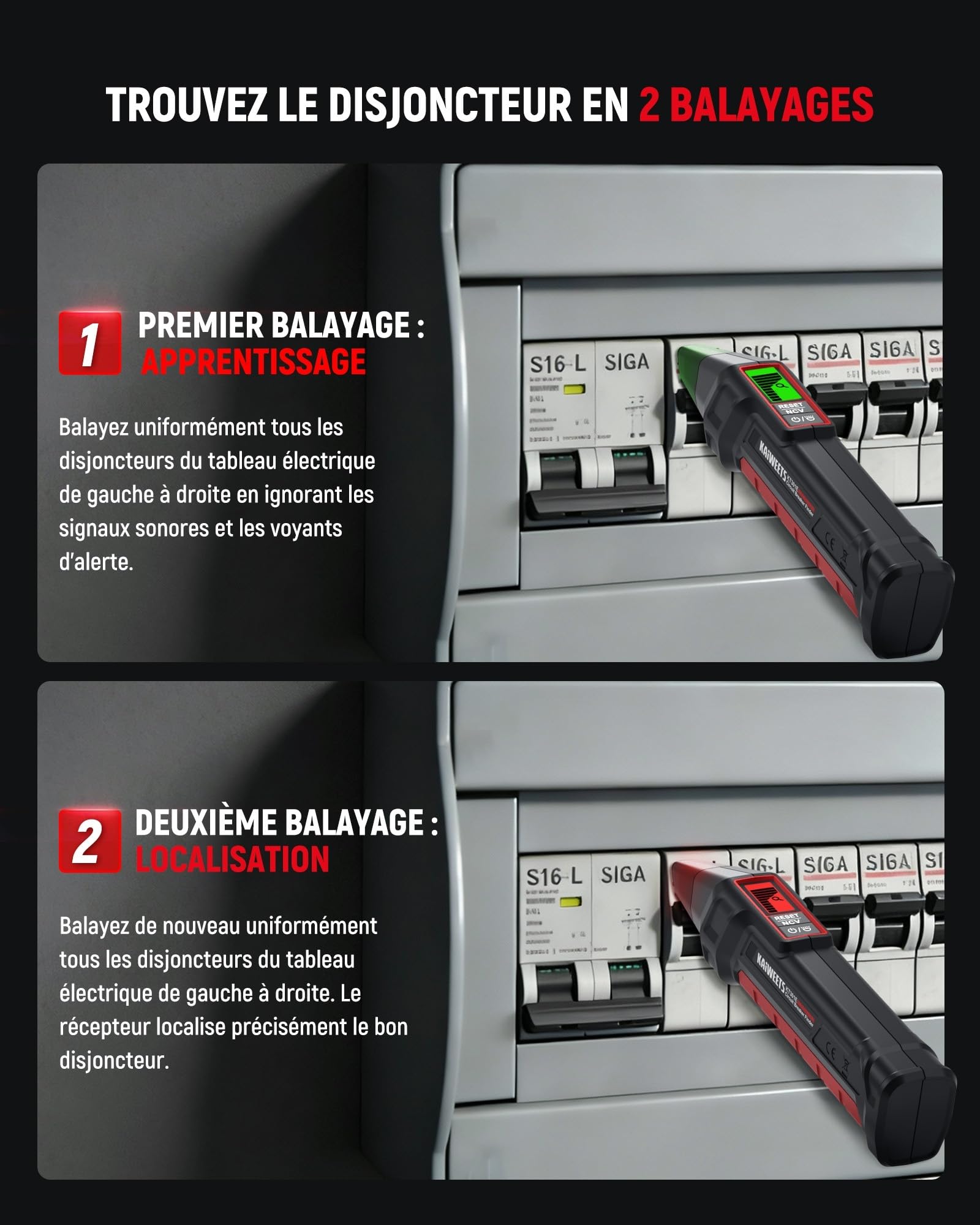 KAIWEETS Localisateur de Disjoncteurs avec Écran LCD 2,2", Testeur de Prise avec Test RCD, Détection de Tension NCV et Lampe Torche LED pour Électriciens et Particuliers