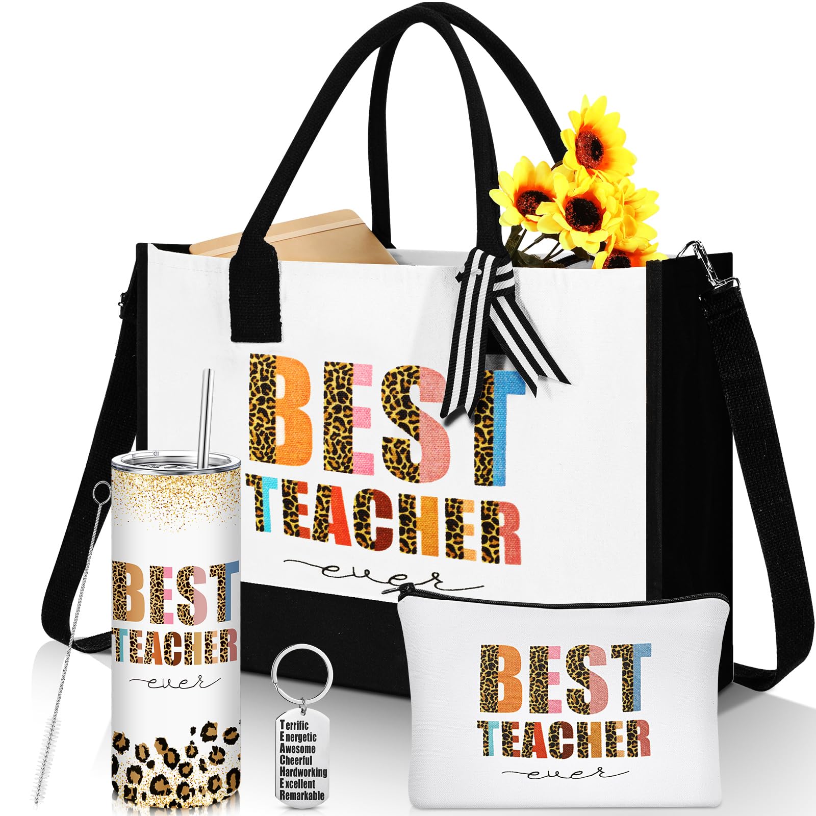 Sliner 4 Pcs Teacher Appreciation Gifts for Christmas Tote Bag for Women Teacher 20 oz Insulated Tumbler Makeup Bag Keychain
