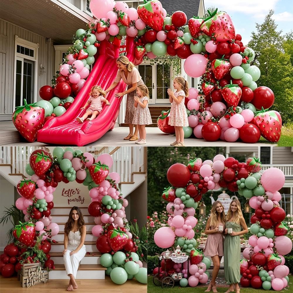 Arco a palloncino a forma di fragola, doppio farcito rosa pastello, rosso scuro, verde, in lattice, kit per baby shower con bacche, primo compleanno, matrimonio, decorazione per feste nuziali