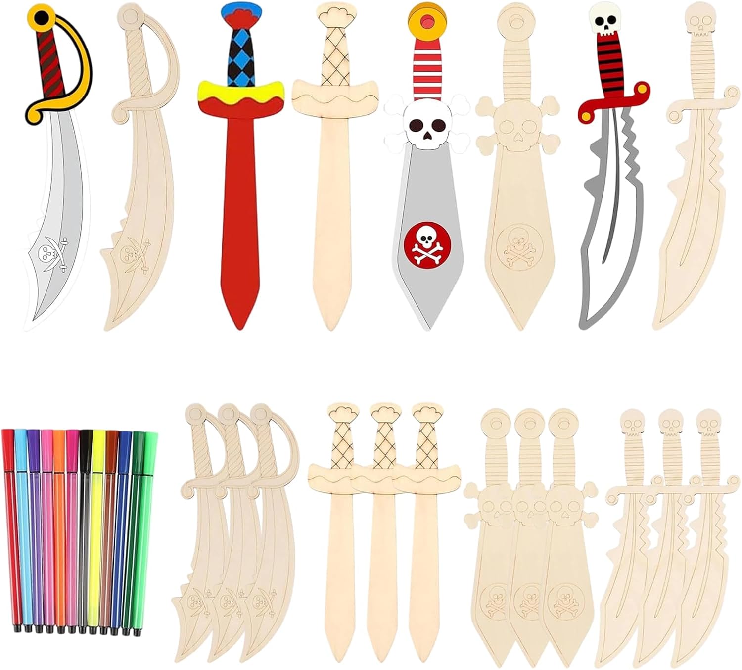 CXNXFD 12 Pieces Wooden Pirate Swords with 12 Colorful Pens, Pirate Sword, Wooden Sword for Pirates, Children's Birthday, DIY, Painting Decoration