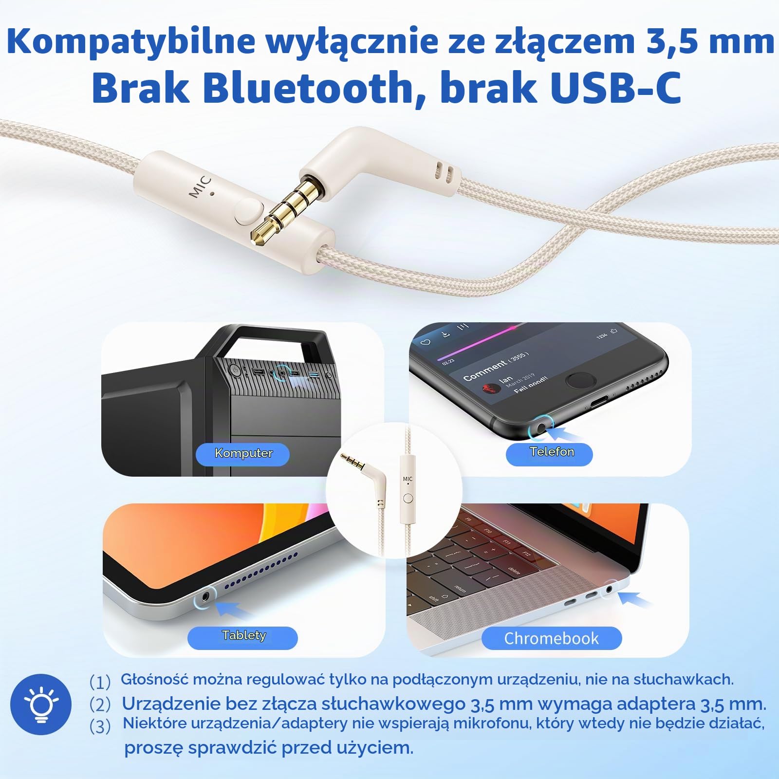 Botesty Sound Przewodowe słuchawki z mikrofonem, słuchawki nauszne przewodowe z nieplączącym się nylonowym przewodem o długości 1,5 m, 3,5 mm, do smartfona, tabletu, komputera, MP3/4 (beżowo-białe)