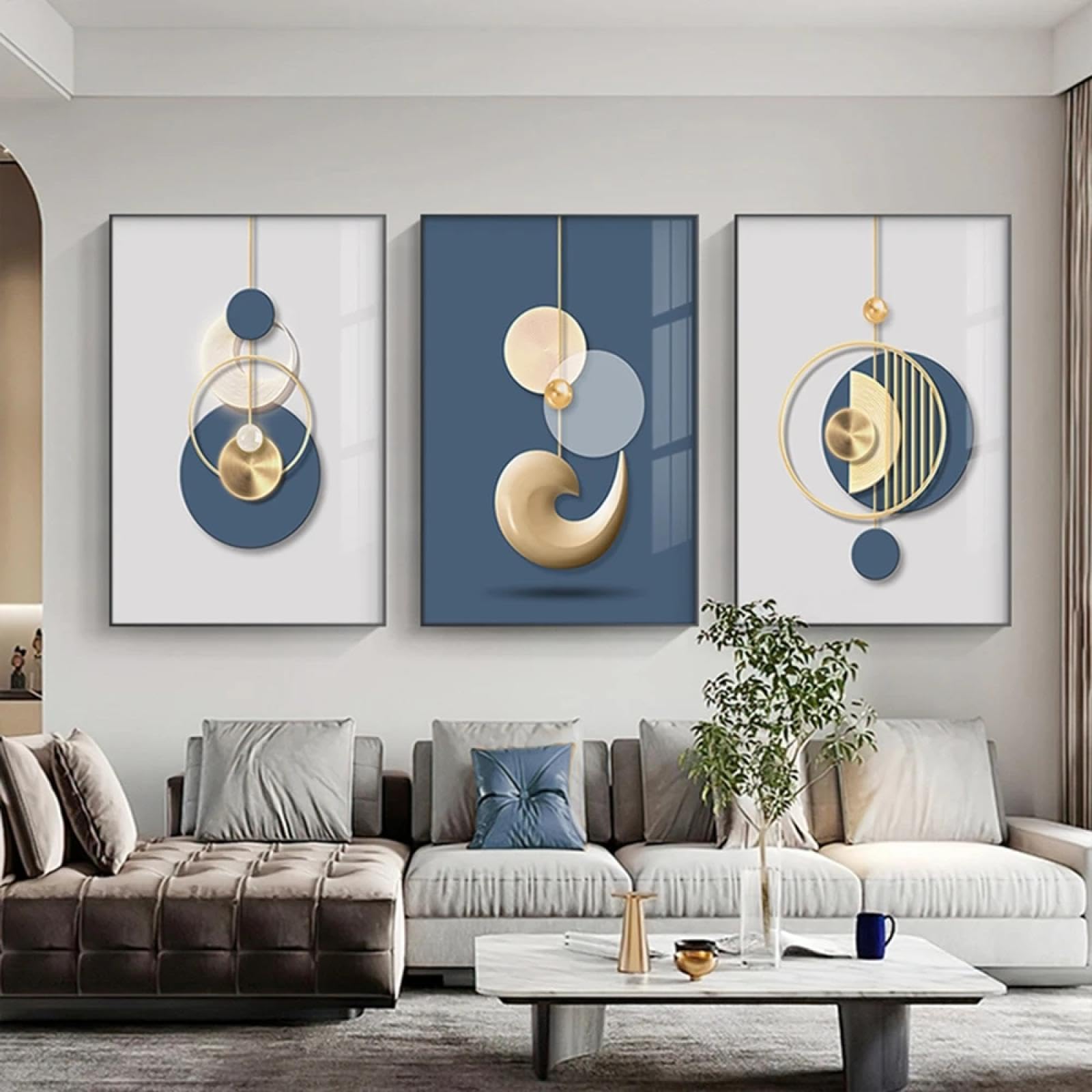 CHAOJIART Modern Golden Blue Geometric Painting Canvas Posters And Prints Art Wall Decor Abstract Pictures for Living Room Bedroom 60x80cm(24x31in) x3 frameless