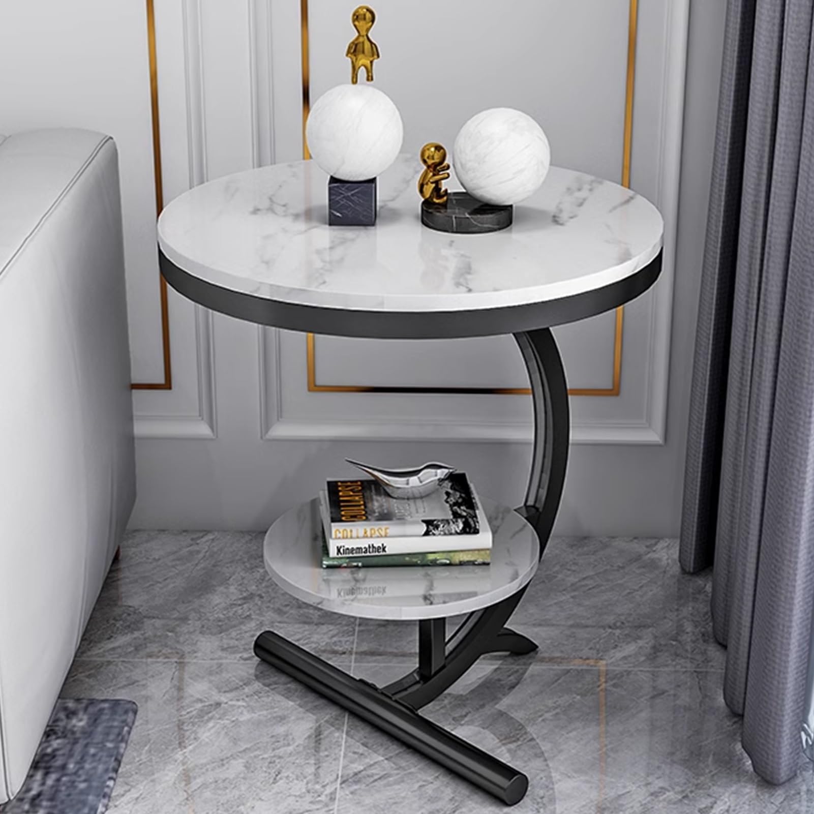 Marble Top Side Table Small Circle End Tables with Metal Black Legs Modern White Nightstand 2 Tier Round Sofa Coffee Table for Bedroom Living Room Furniture (Size : 45x60cm)