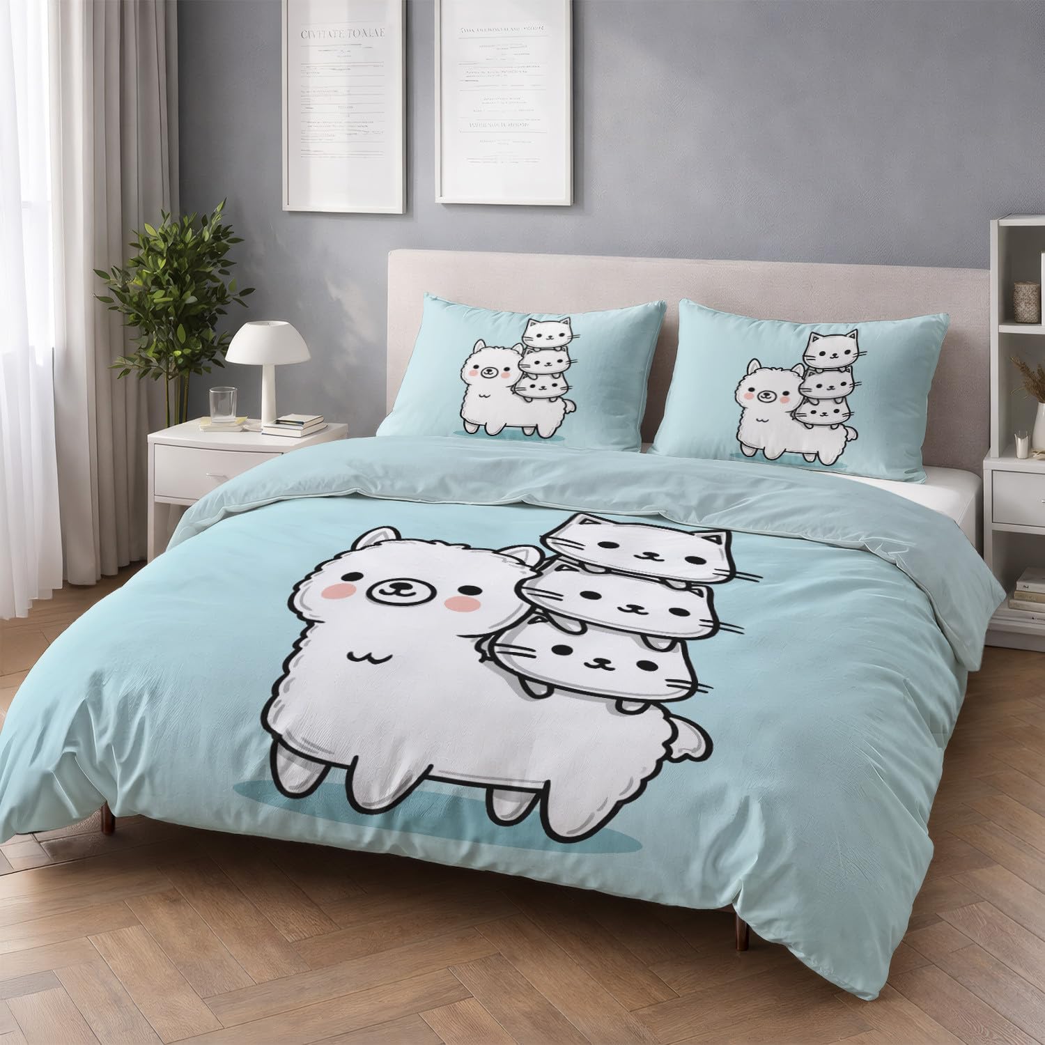 Generico Niebieskie niebo kreskówka zwierzęta alpaka koty urocze 3-częściowy zestaw pościeli 240 x 220 cm - zestaw pościeli z miękkiej mikrofibry, z zamkiem błyskawicznym i poszewkami na poduszki