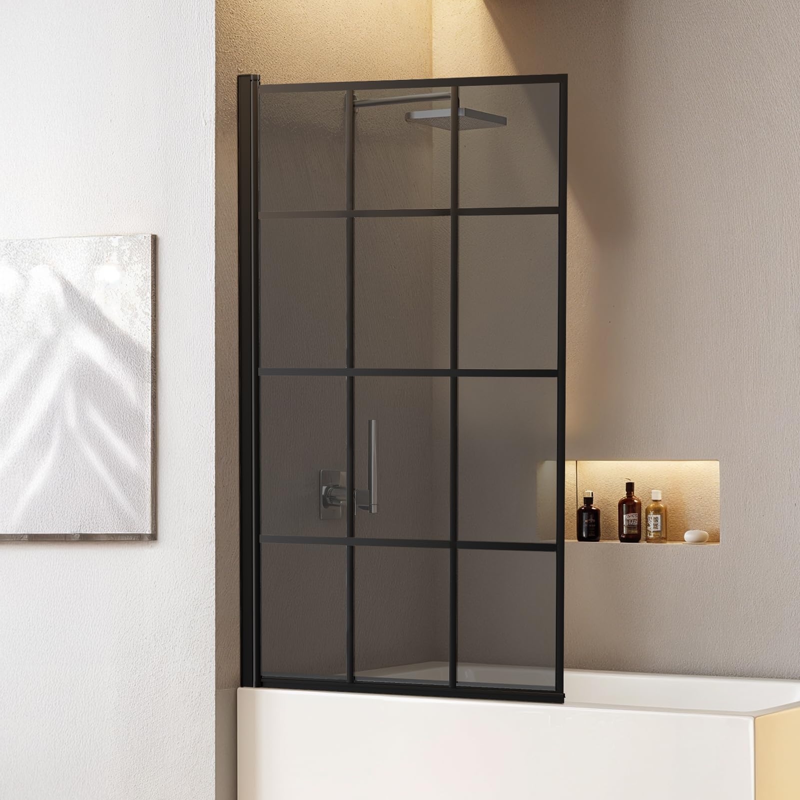 INMOZATA Black Shower Screen, 180 Degree Rotation Tempered Glass Shower Screens for Bath, Over Bath Shower Screen Glass Panel, 800 * 1400mm
