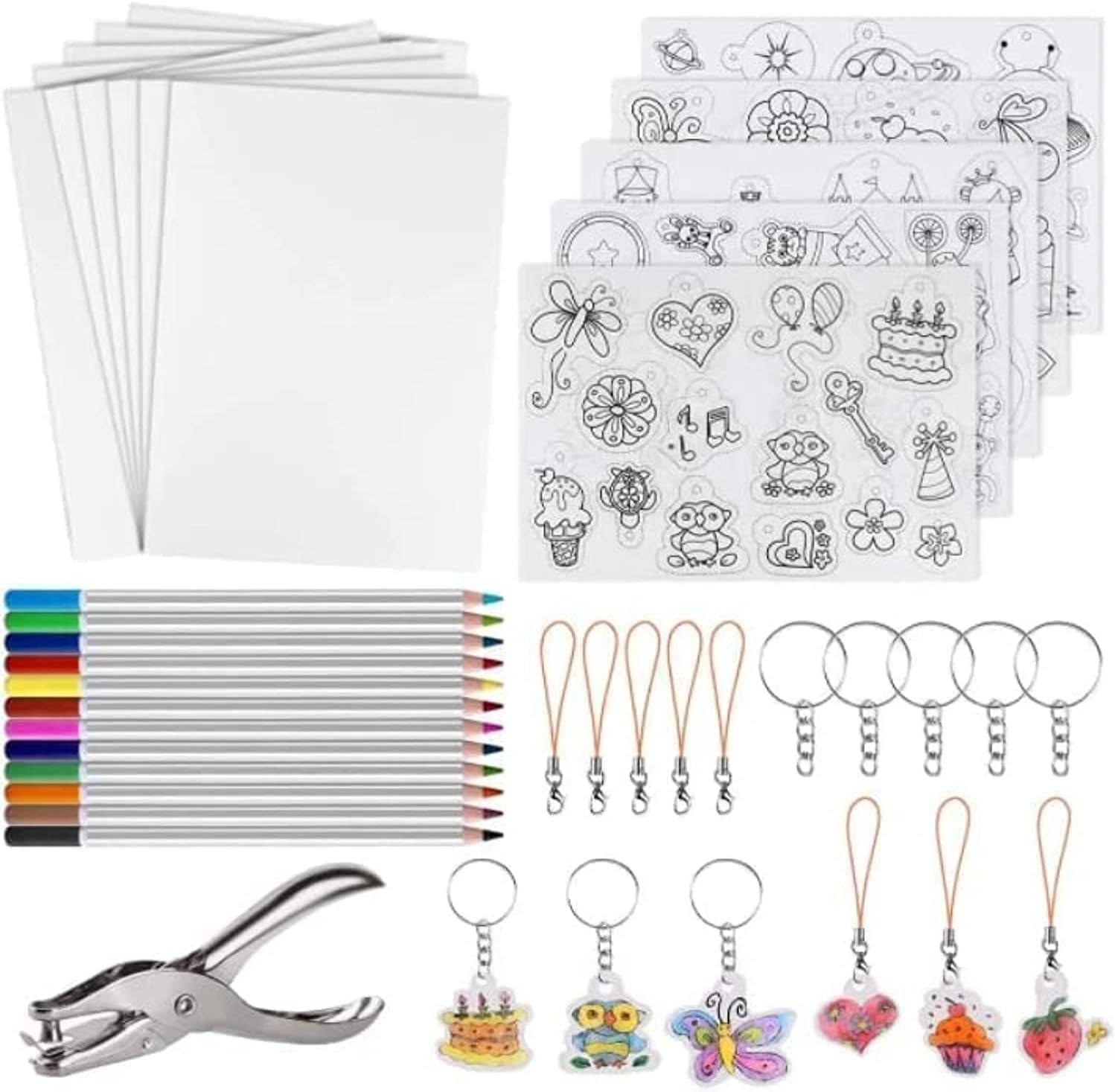60 Pcs Heat Shrink Plastic Sheet Kit Heat Sheets Creative Pack, Including 10Pcs Blank Shrink Film Paper and 5 Pcs Shrinky Art Paper with Pattern Hole