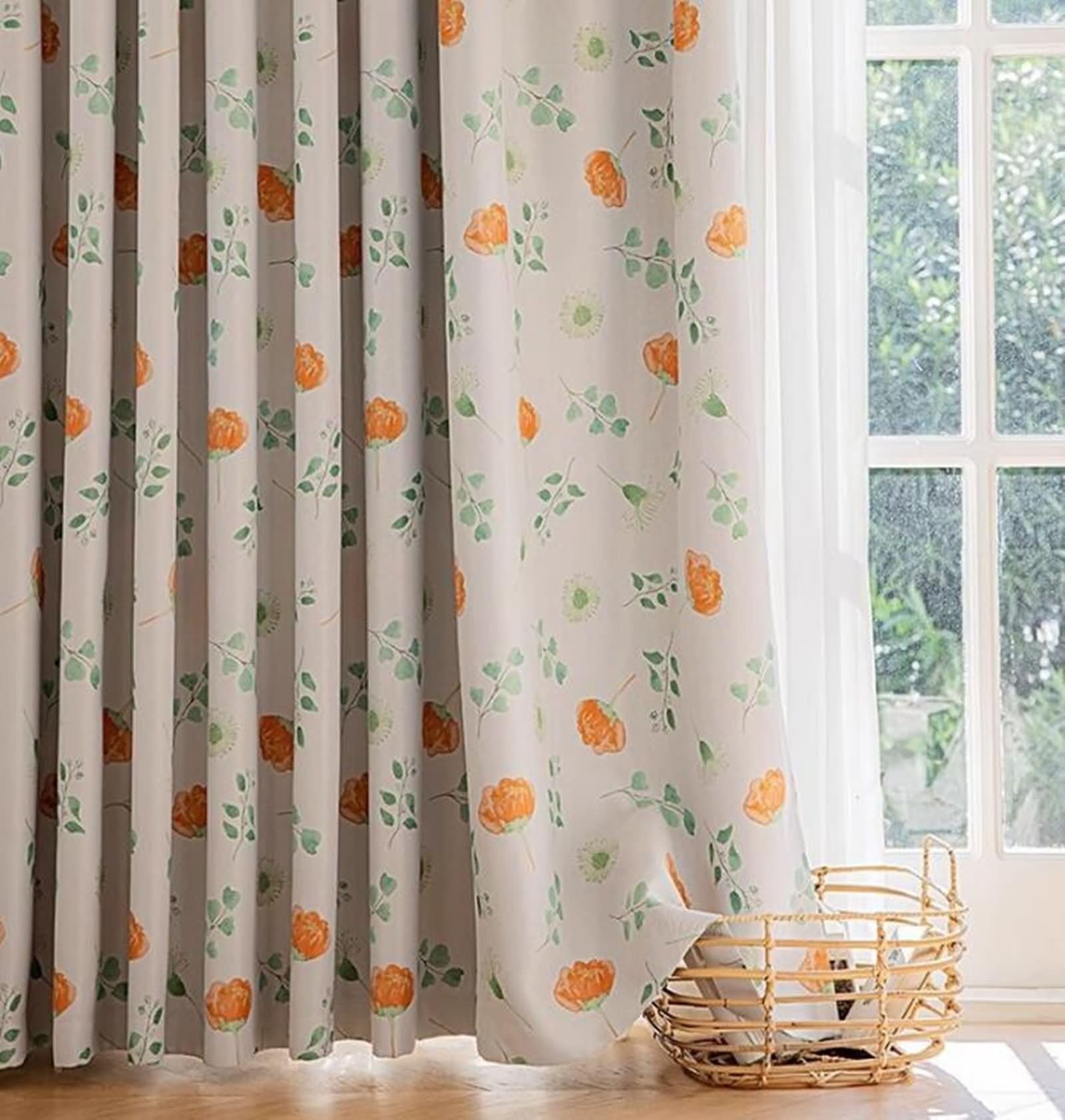 Vorhänge Verdunkelnd mit Haken 214 cm Lang, Gardinen Lichtdicht Orange Grün Blumen Blätter Muster Vorhang für Schlafzimmer Wohnzimmer Kinderzimmer 132x214 cm(B×H), 2er Set