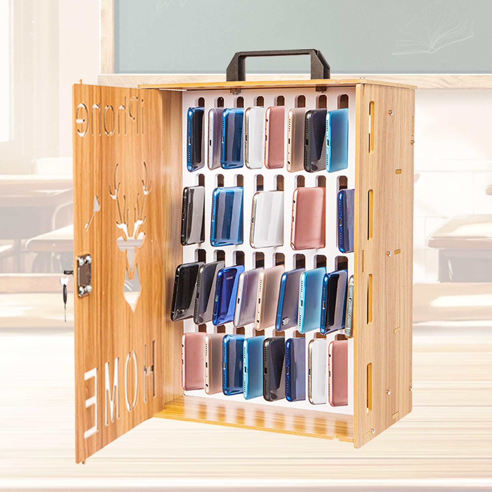 Clickovia 36 Slot Wooden Phone Locker Cabinet with Lock and Handle, Wall Mounted Phone Safe Storage Box, Mobile Phone Lock Box for Classroom Office Exam Use