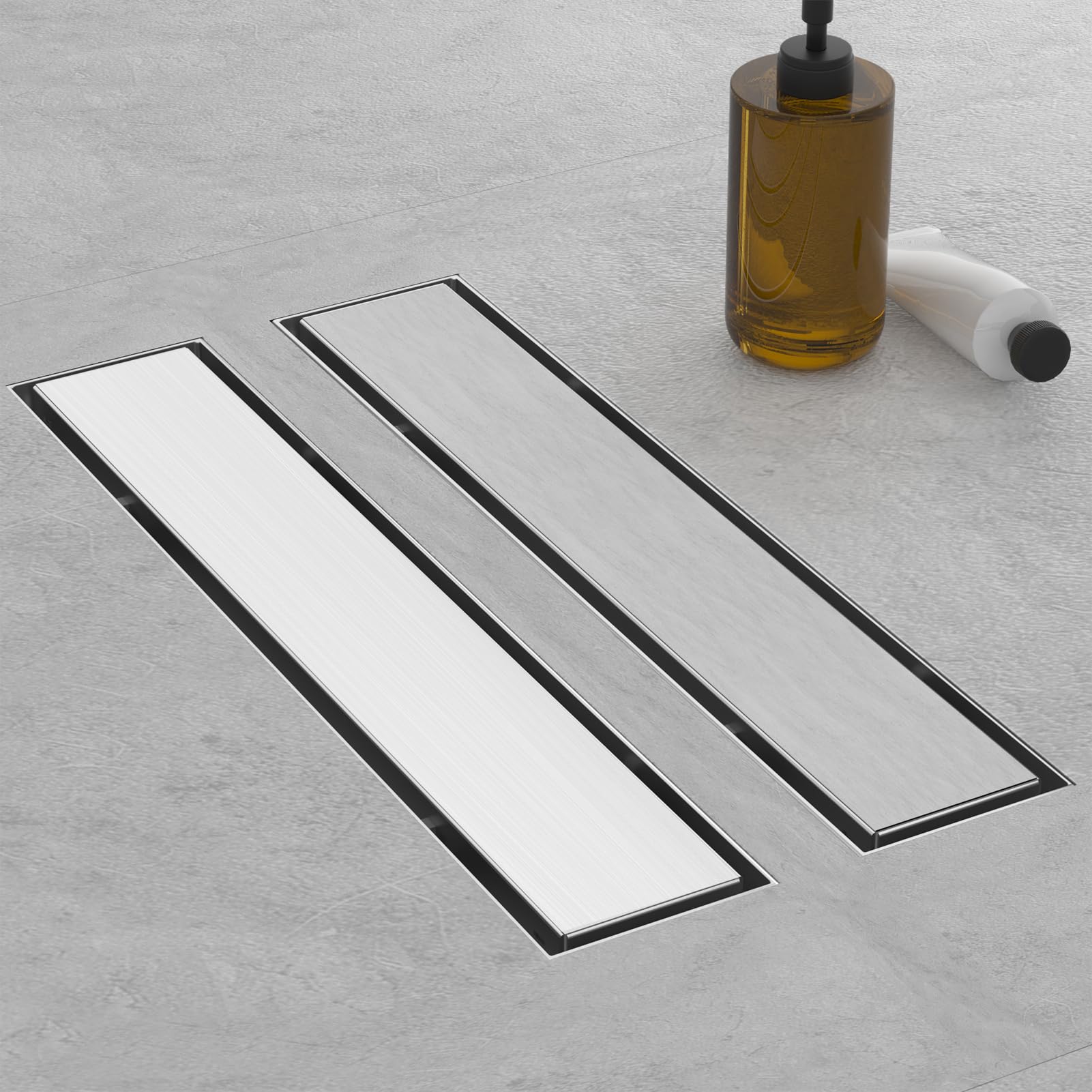 Linear Shower Drain, 12 Inch Brushed Nickle 304 Stainless Steel Shower Drain with Tile Insert Panels, Long Rectangle Shower Floor Drain with Adjustable Feet, Hair Catcher, Fits Bathroom, Balcony