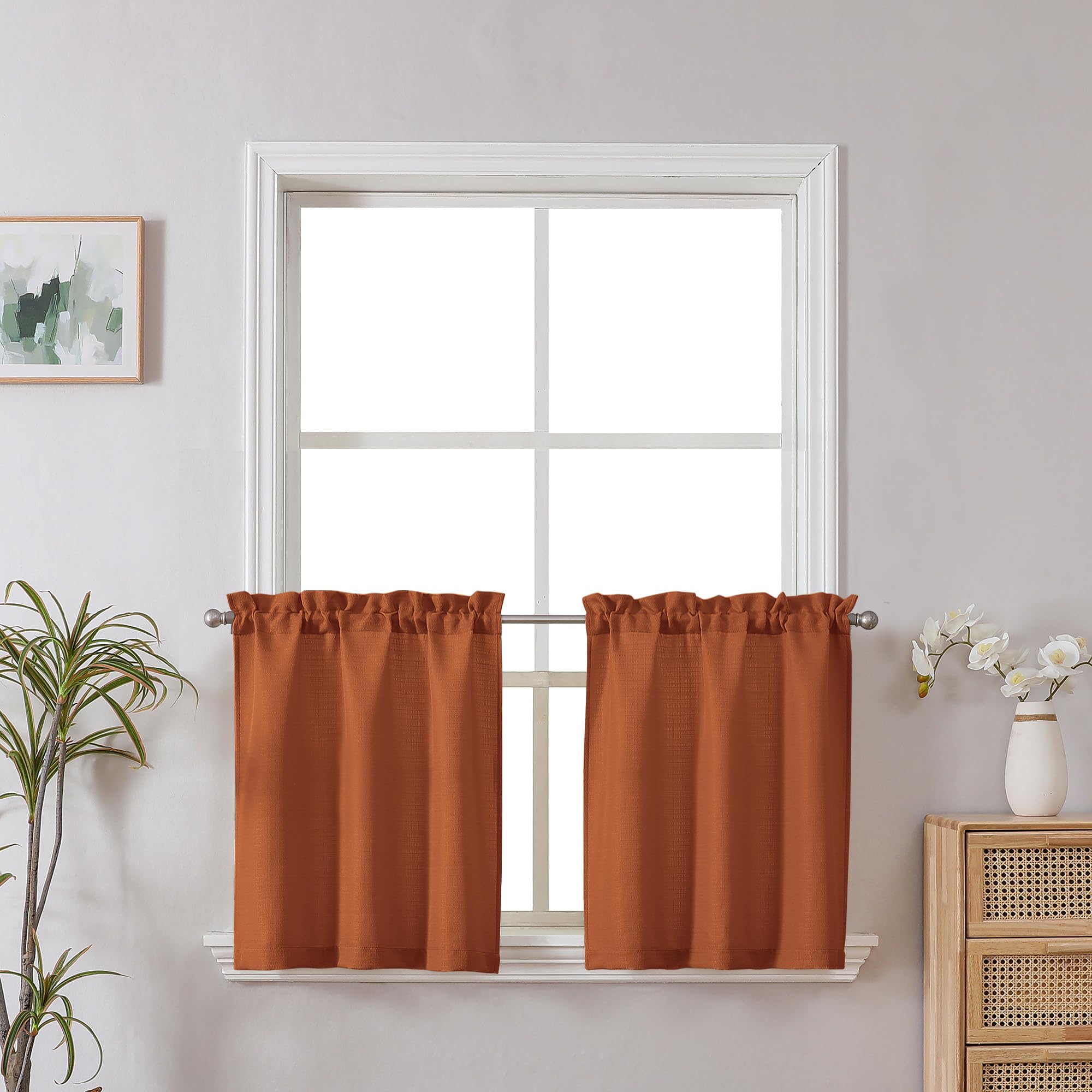 Chyhomenyc Orange Tier Curtains 30 Inch Length, Faux Linen Textured Small Cafe Curtain, Light Filtering Short Curtains for Bathroom Window, 30x30 Inch, 2PCS — image 1