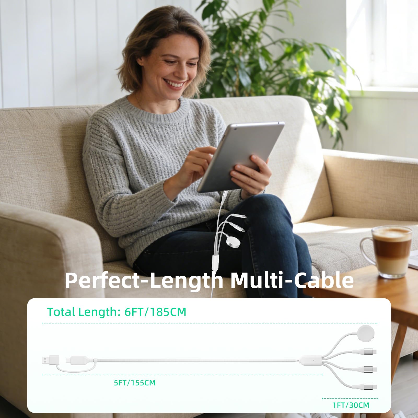 A-Pce 4-in-2 Multi Charging Cable with Smartwatch Charging, White-6FT view 7