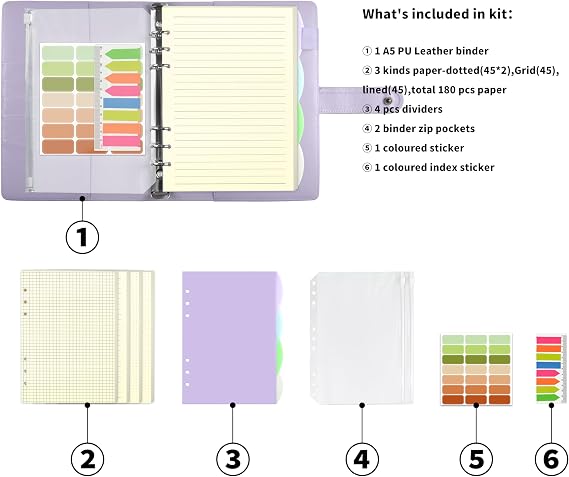 Mlife A5 Refillable Ring Binder, with 180 Sheets Refill Paper,A5 Notebook with Binder Pockets and Dividers,for Men and Women-Green