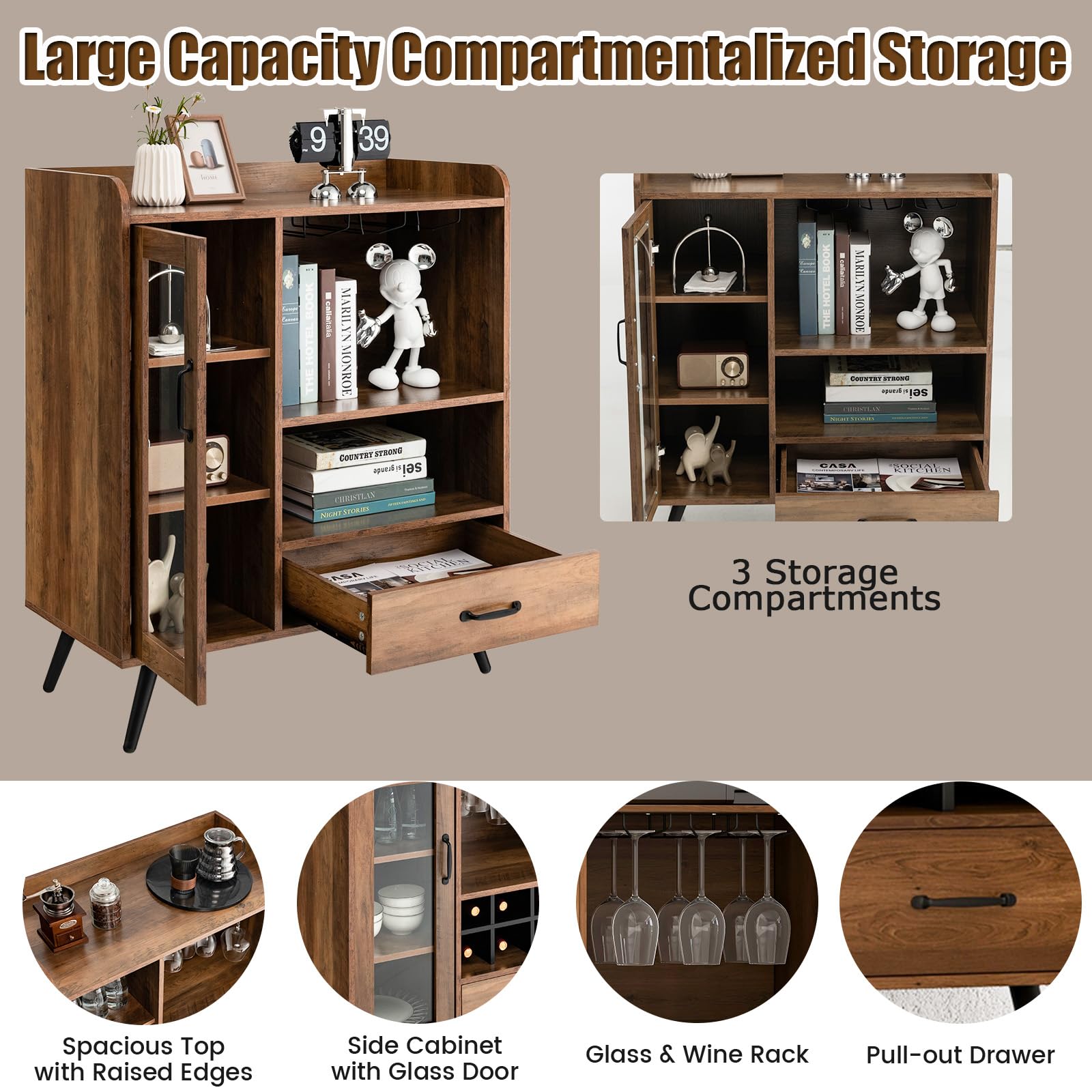 KOMFOTTEU Weinschrank mit Glashaltern & Weinregal, Barschrank Vintage mit Glastür & Schublade, Aufbewahrungsschrank Holz, weinständer 80 x 40 x 95 cm für Küche, Esszimmer, Bar