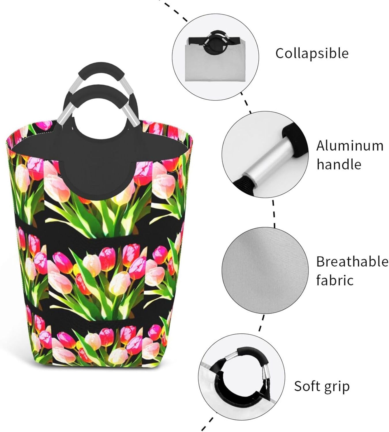 Bright tulips Foldable storage bag, 50L capacity, suitable for laundry room, dormitory bedroom, dirty clothes storage basket.