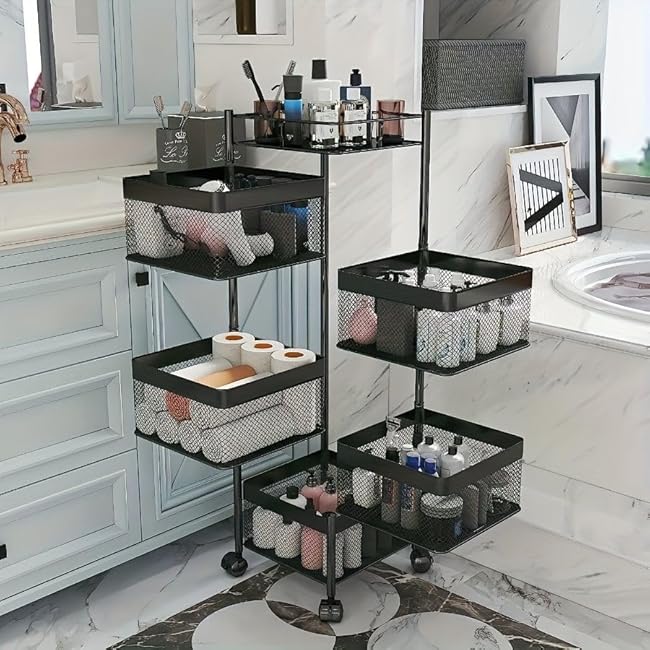 5-Tier Rotating Kitchen Storage Shelf Metal Multi-Layer Vegetable Fruit Basket Organizer with Wheels Square Floor-Standing Rack for Pantry Bathroom Living Room (White)-U4jvLfoI