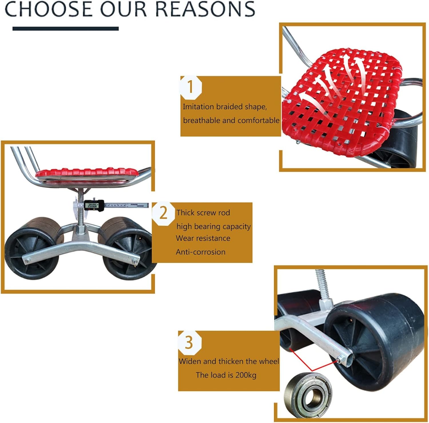 Gardening Bench Seat with Wheels, Foldable Garden Cart Stool Rolling Work Seat Outdoor Steerable Stool for Patio Lawn Yard(Red,Two Wheels)