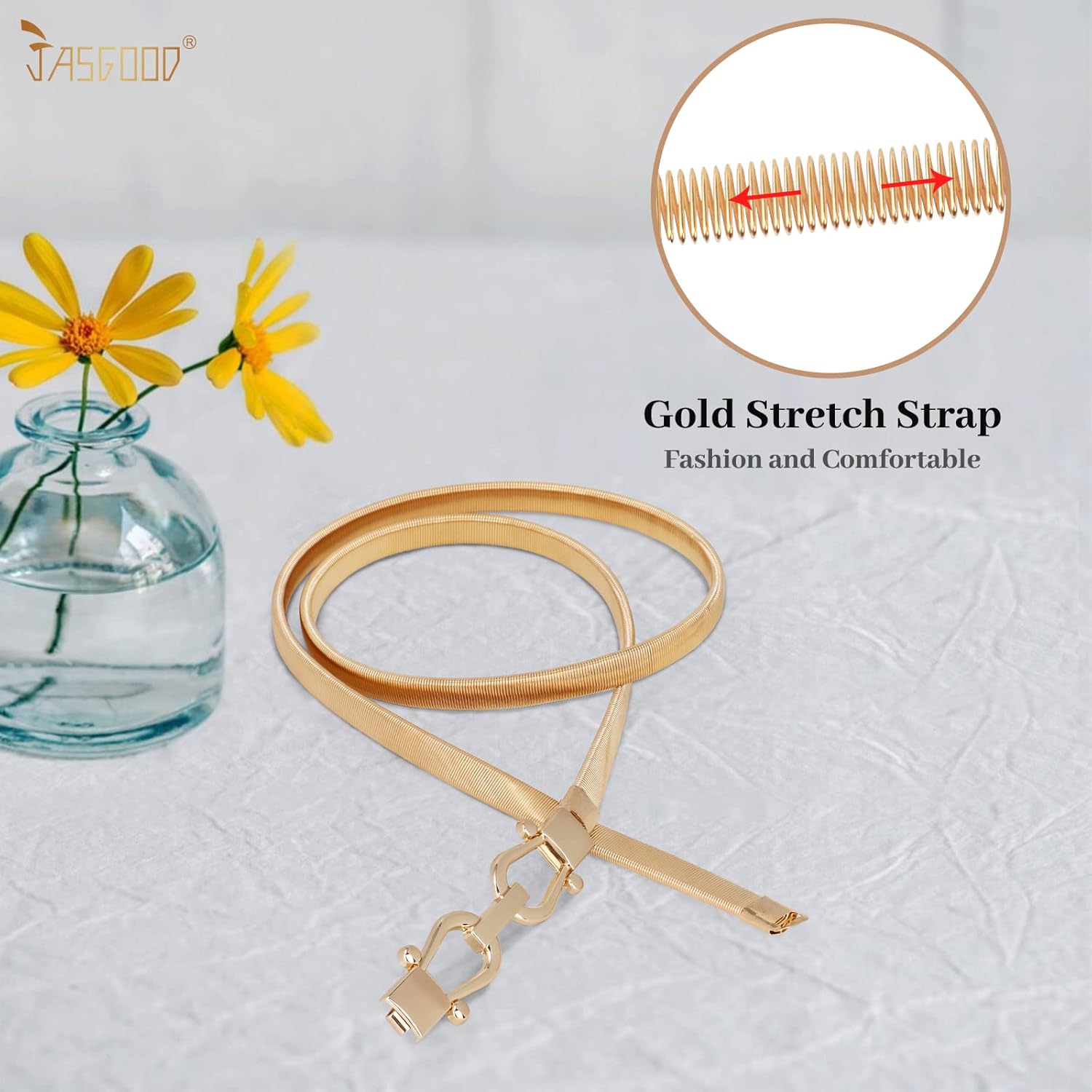 JASGOOD Skinny Metal Waist Belt for Dress Fashion Waistband Elastic Metal Chain Belt - Image 3