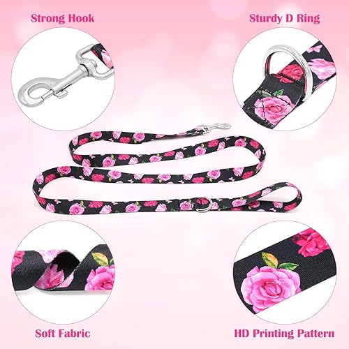 Miniatura 3 de Correa de perro negra con diseño floral para cachorros, perros de raza pequeña, correa de perro de 4 pies